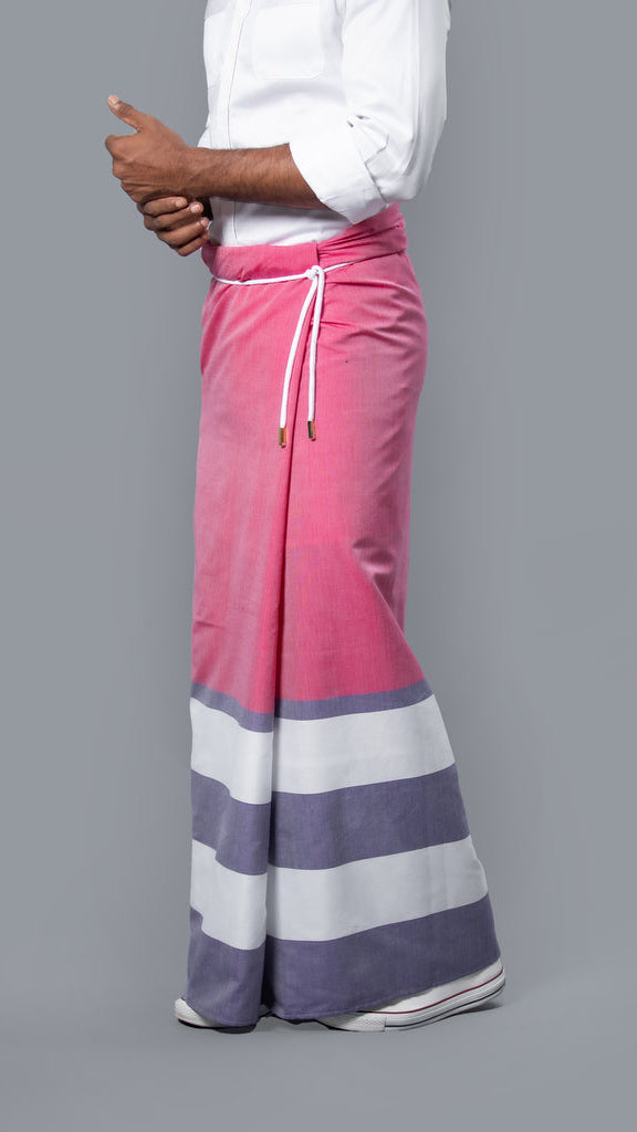 Rugby Sarong. Dark Pink With Pastel Purple & White Stripes
