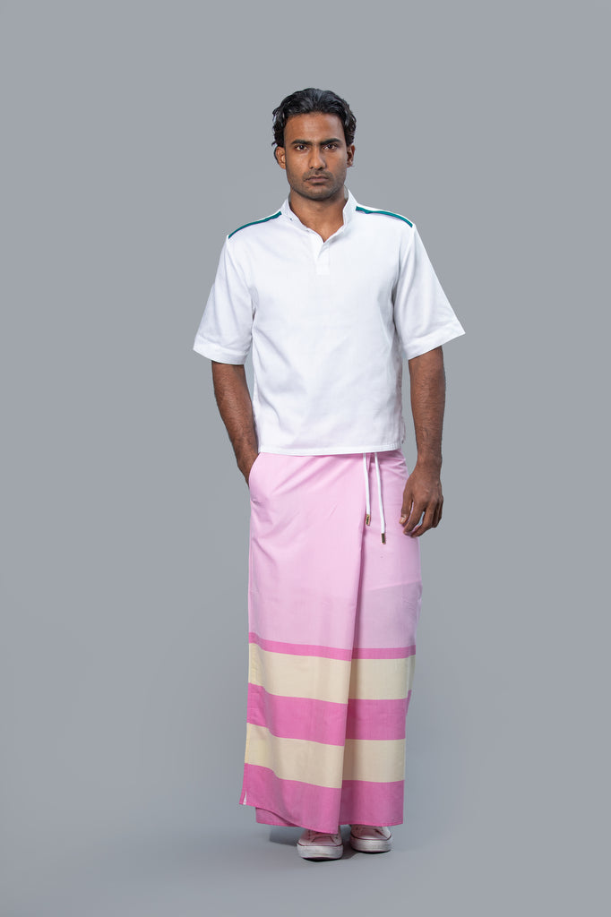 Rugby Sarong. Pastel Pink With Dark Pink & Pastel Yellow Stripes