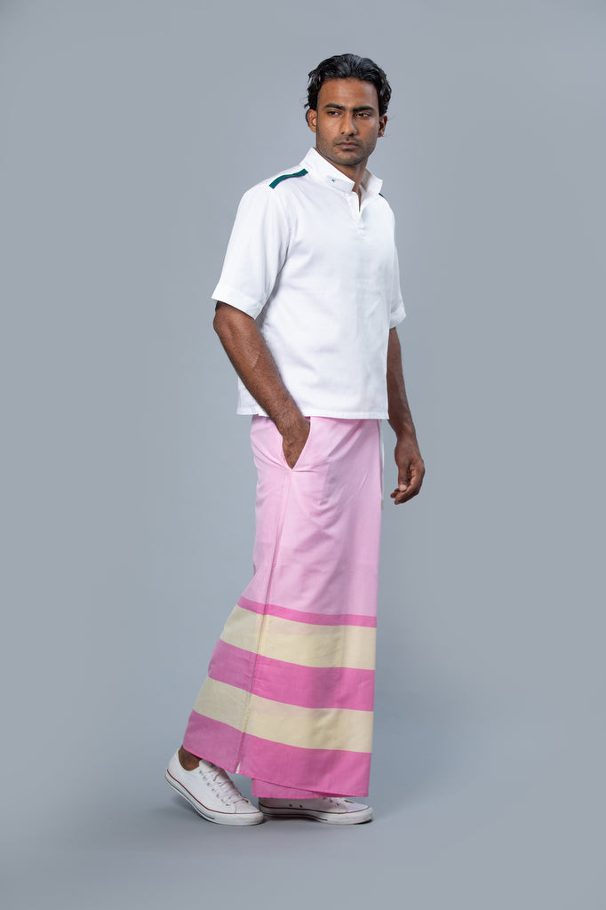 Rugby Sarong. Pastel Pink With Dark Pink & Pastel Yellow Stripes