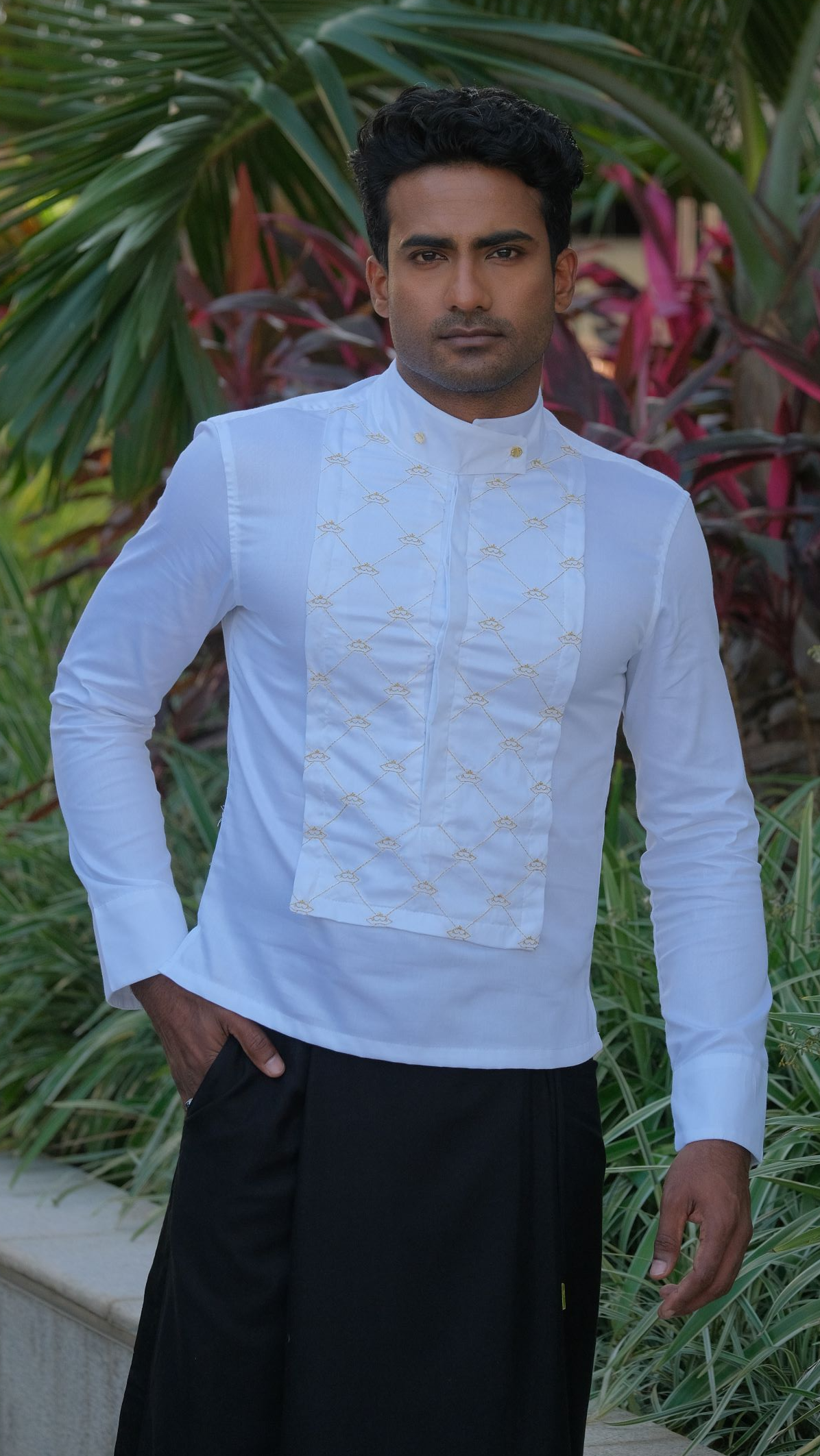 Gold Threaded Handloom Sarong x Admiral Crown Shirt
