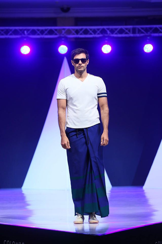 Rugby Sarong. Blue With Emerald Stripes