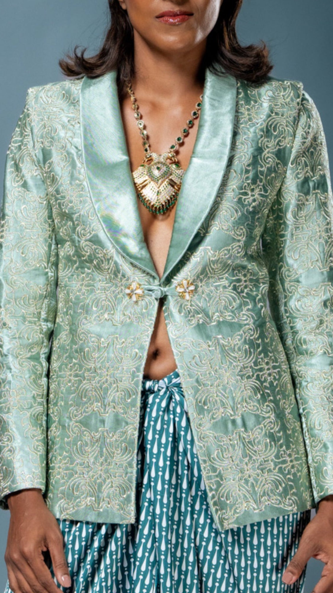LOVI Embroidered Shawl Collar Blazer & Celestial Garden Printed Wrap