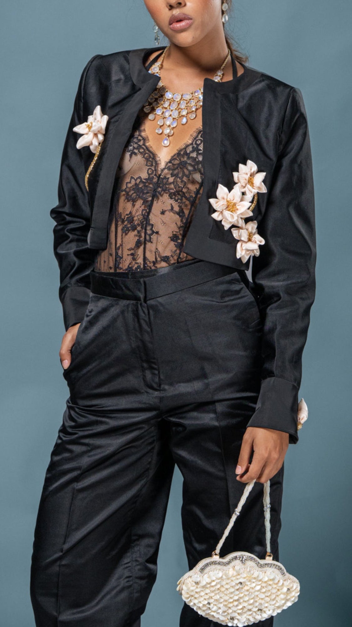 LOVI Black Short Manike Jacket with Handmade Lotus Flowers & Tux Pant