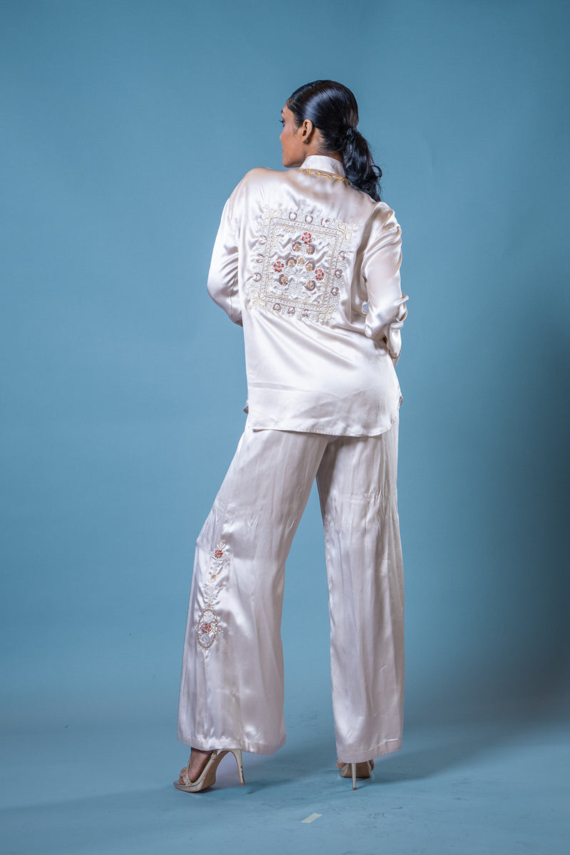Beige silk lounge top and pants