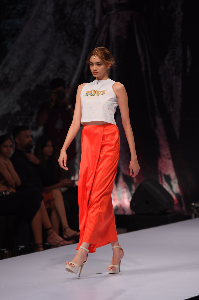 LOVI Truck Art Crop Top and Orange Raw Silk Cargo Sarong Skirt