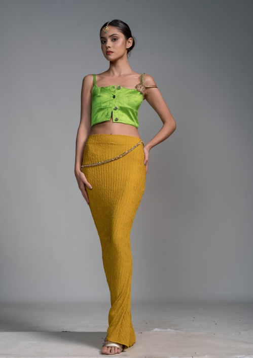 Green Linen Crop Top and Yellow Bodycon Skirt