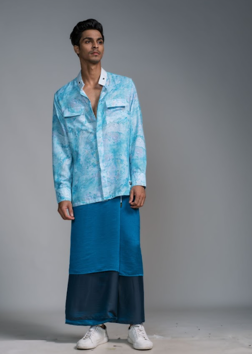 Ocean Print Oversized Shirt and Deep Blue Silk Sarong