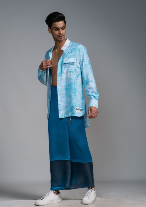 Ocean Print Oversized Shirt and Deep Blue Silk Sarong