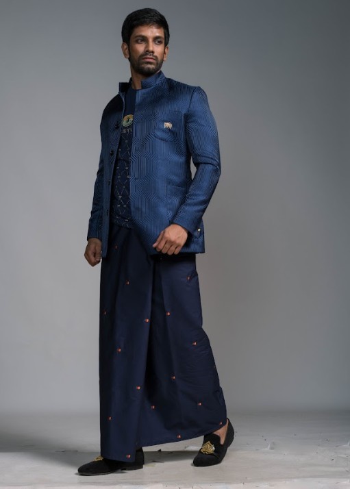 Navy Blue Hand Embroidered Jacket And Unity Tab Sarong