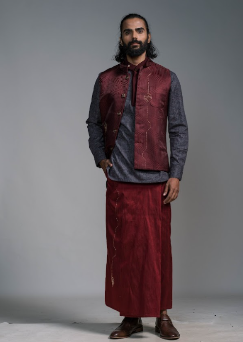 Crimson Red and Black Kurta Shirt and Vest with Hand Embroidered Crimson Red Raw Silk Sarong