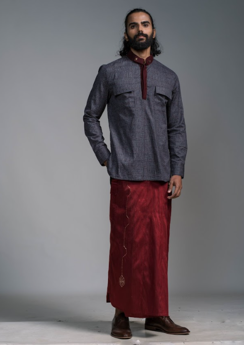 Crimson Red and Black Kurta Shirt and Vest with Hand Embroidered Crimson Red Raw Silk Sarong