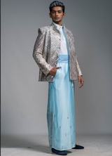 Blue Embroidered Tuxedo Jacket and Blue Silk Embroidered Men's Sarong