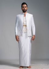 White Hand Embroidered Men’s Nilame Style Jacket and Vest with White Embroidered Men’s Sarong
