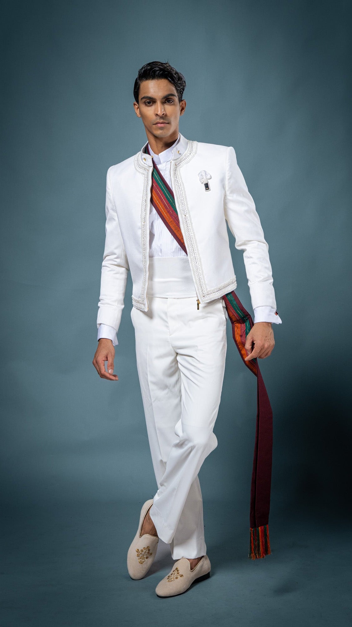 LOVI White Short Modern Nilame Jacket with Handmade Mini Lotus & Tux Pant