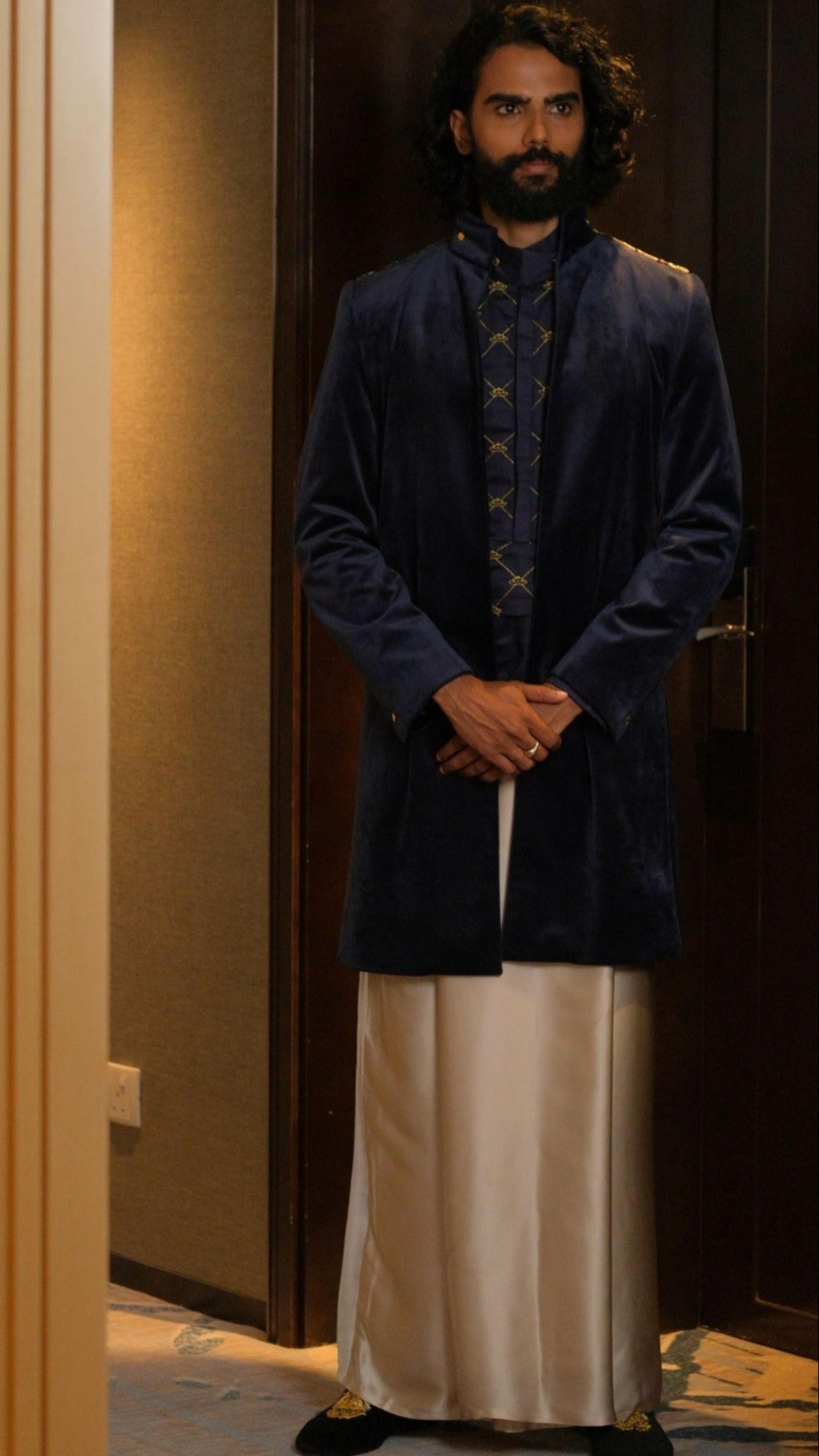 Navy Velvet Jacket with Crown Panel Shirt & Beige Silk Sarong