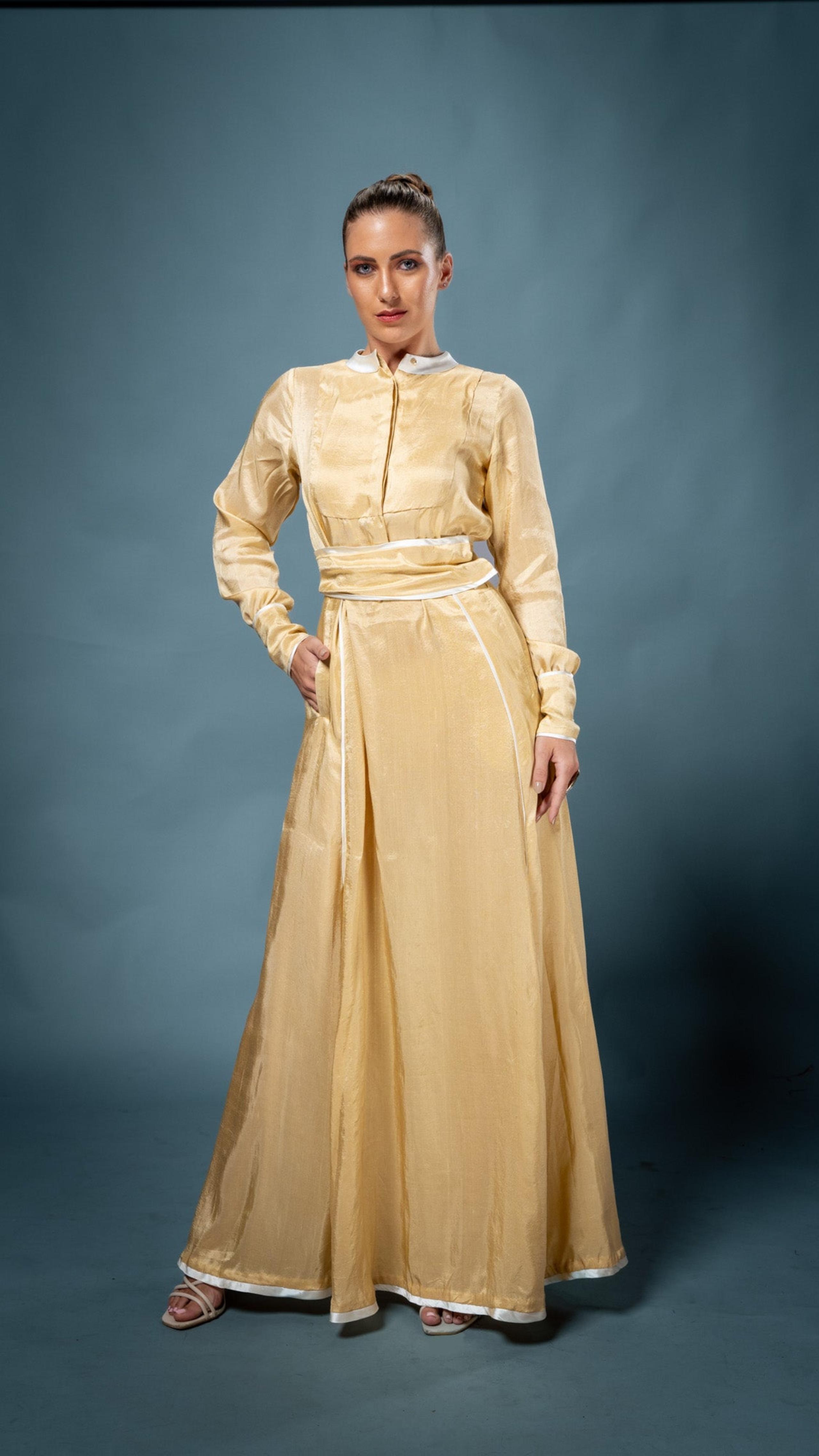 LOVI Gold Modern Kaftan Dress with White Piping Details