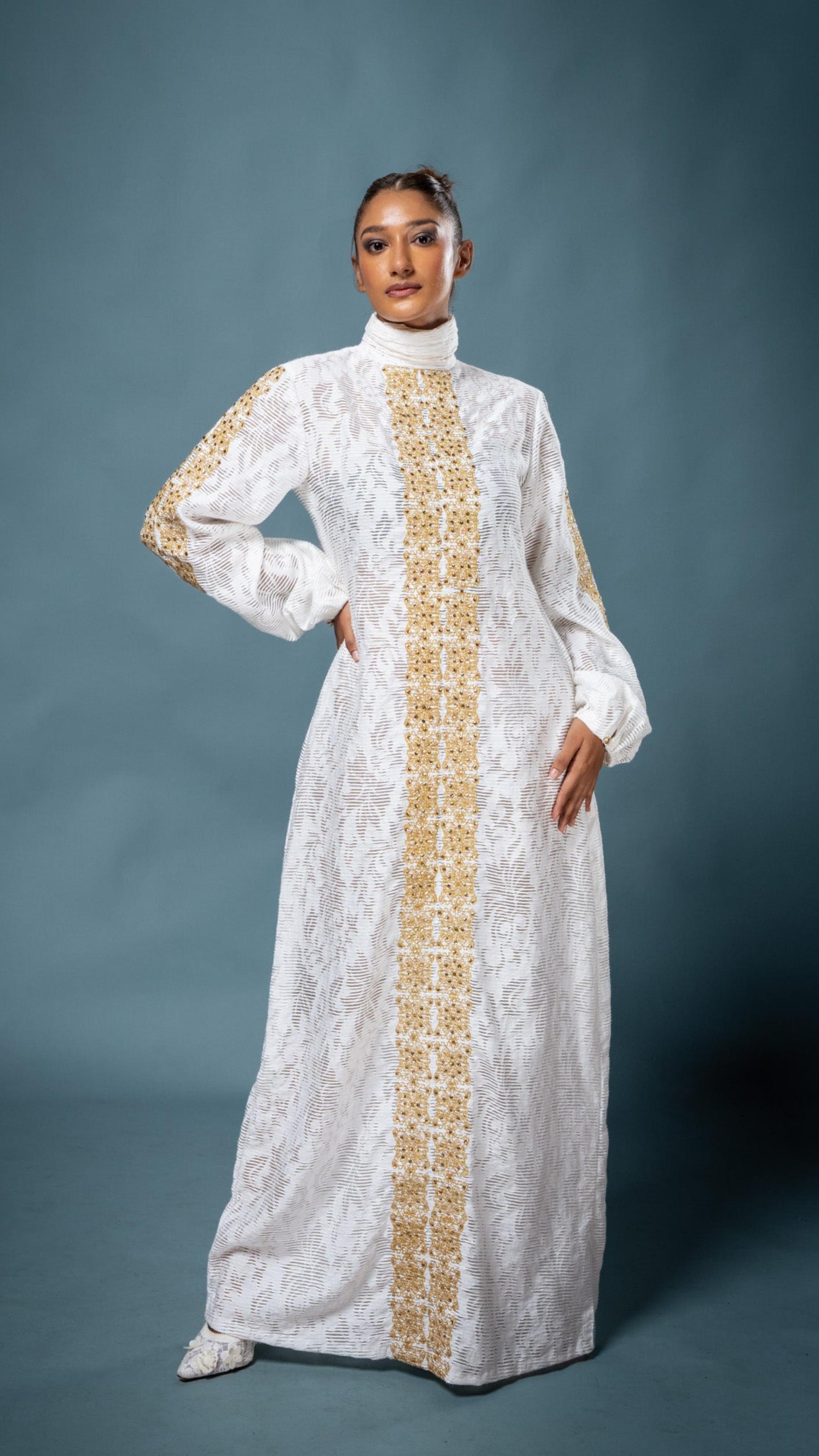 LOVI White & Gold Modern Kaftan Dress