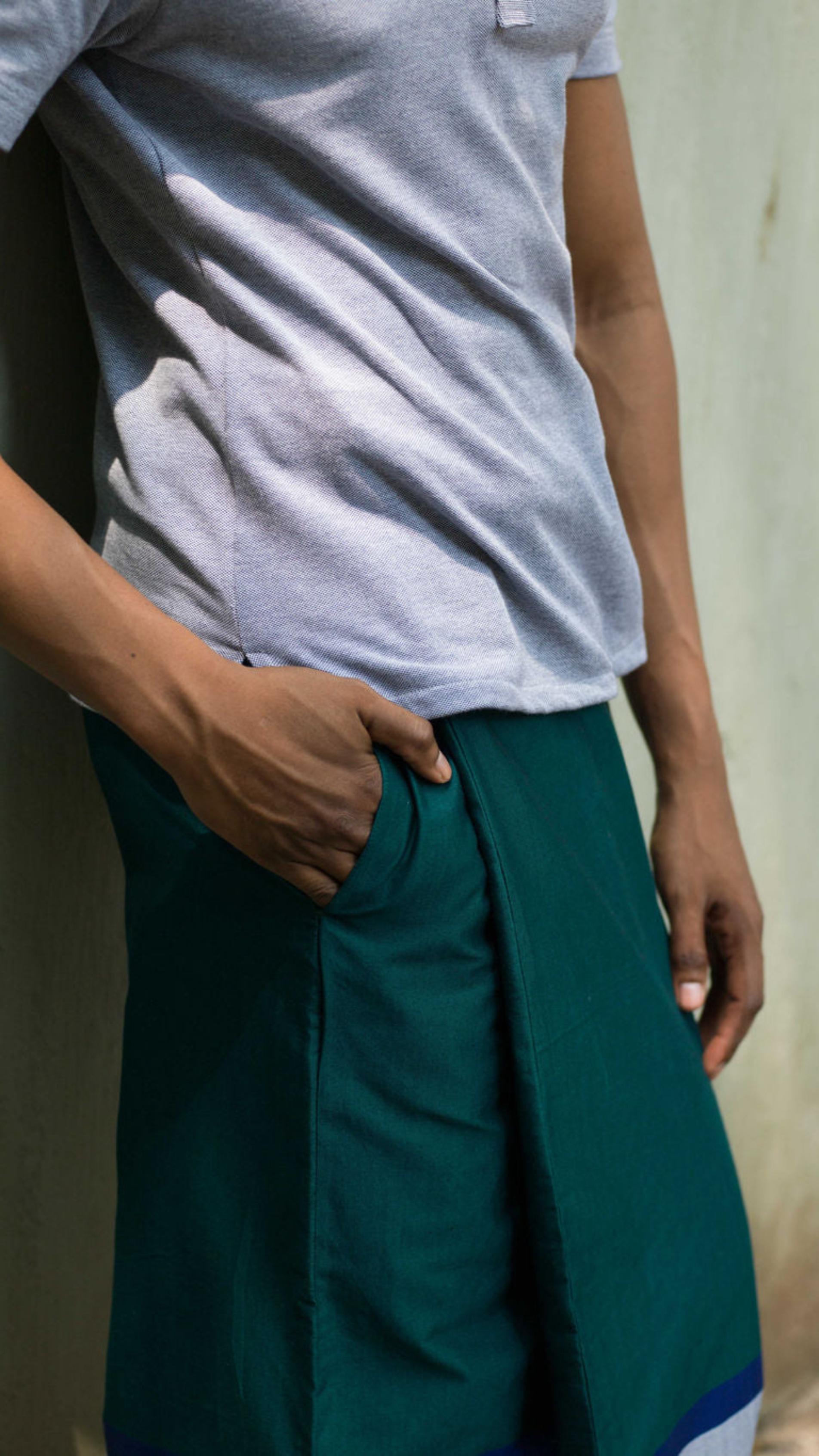 Rugby Sarong In Emerald with Navy Blue & Silver stripes