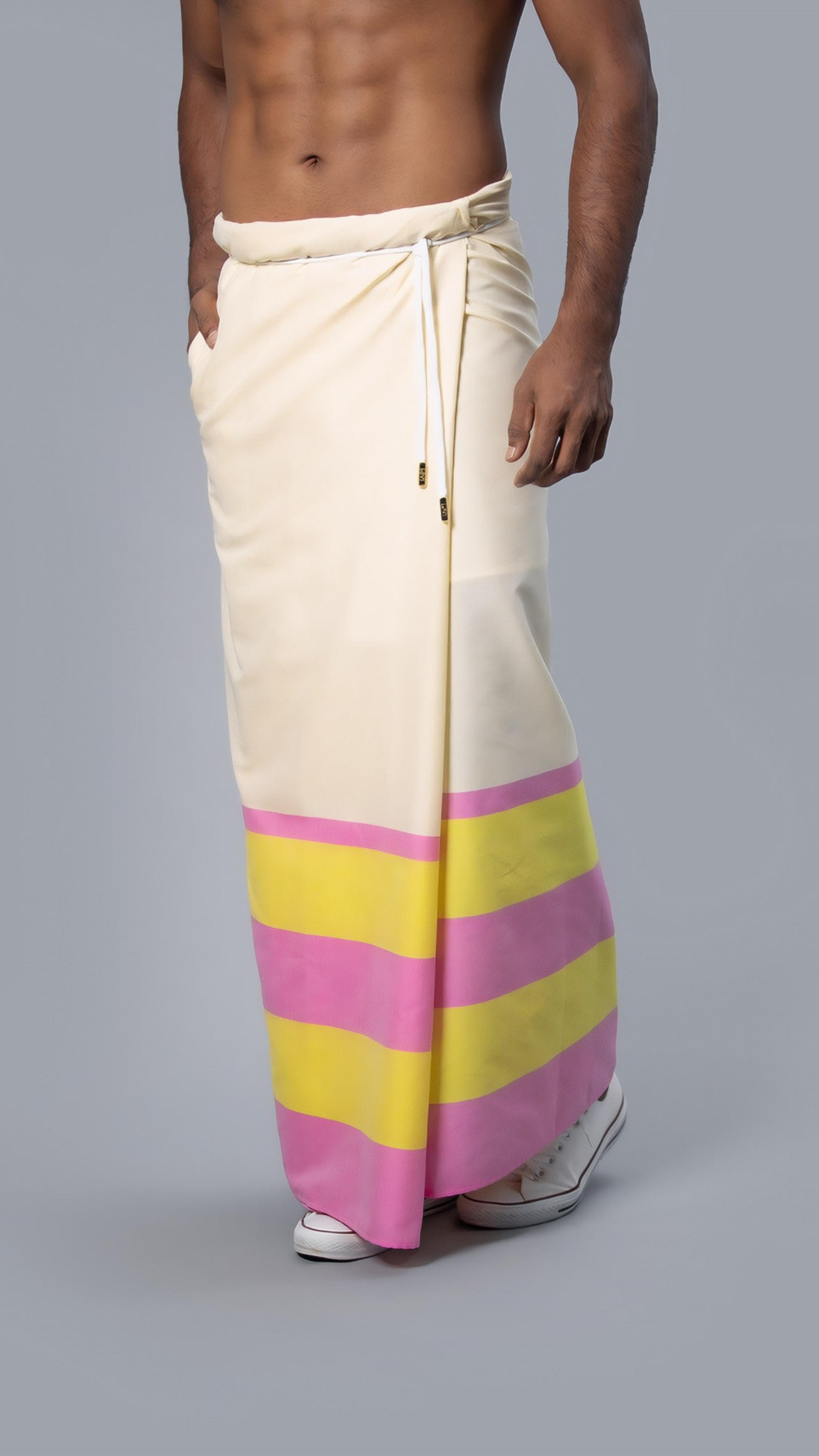 Rugby Sarong. Pastel Yellow With Dark Pink & Dark Yellow Stripes