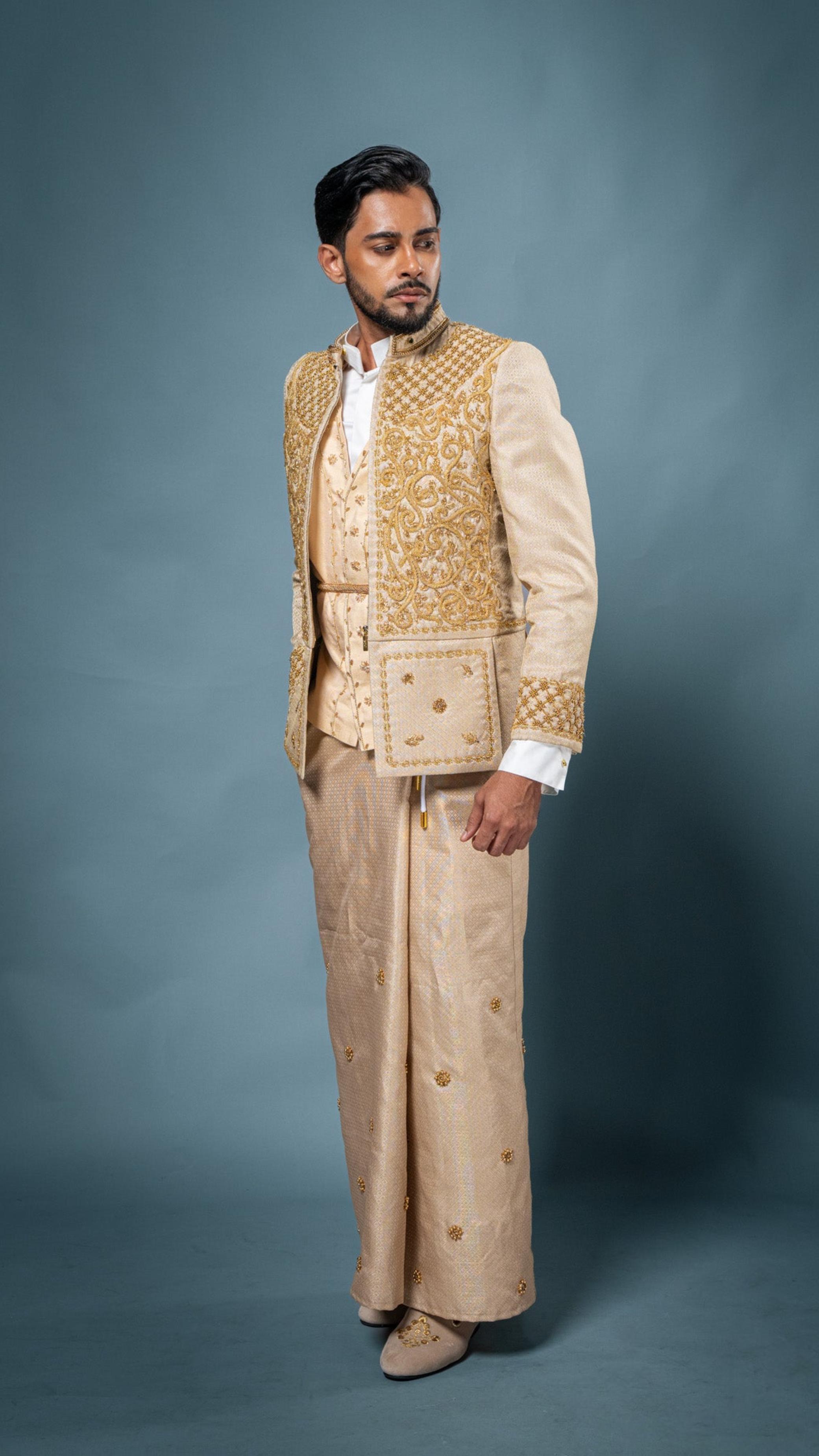 LOVI Gold Nilame Jacket with Hand Embroidered Waistcoat & Sarong