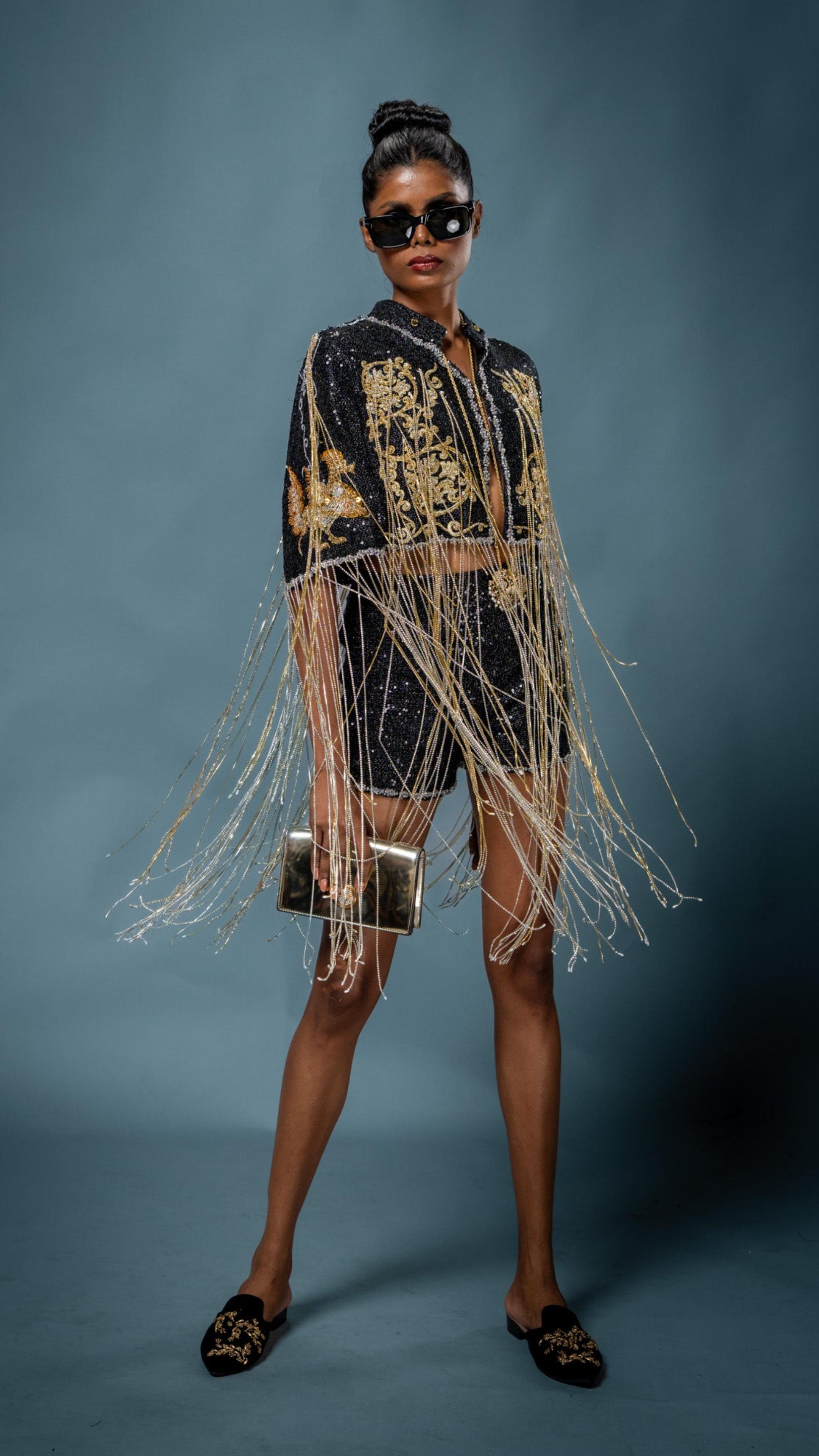 LOVI Black & Gold Modern Cape with Stones & Beads & Matching Pant