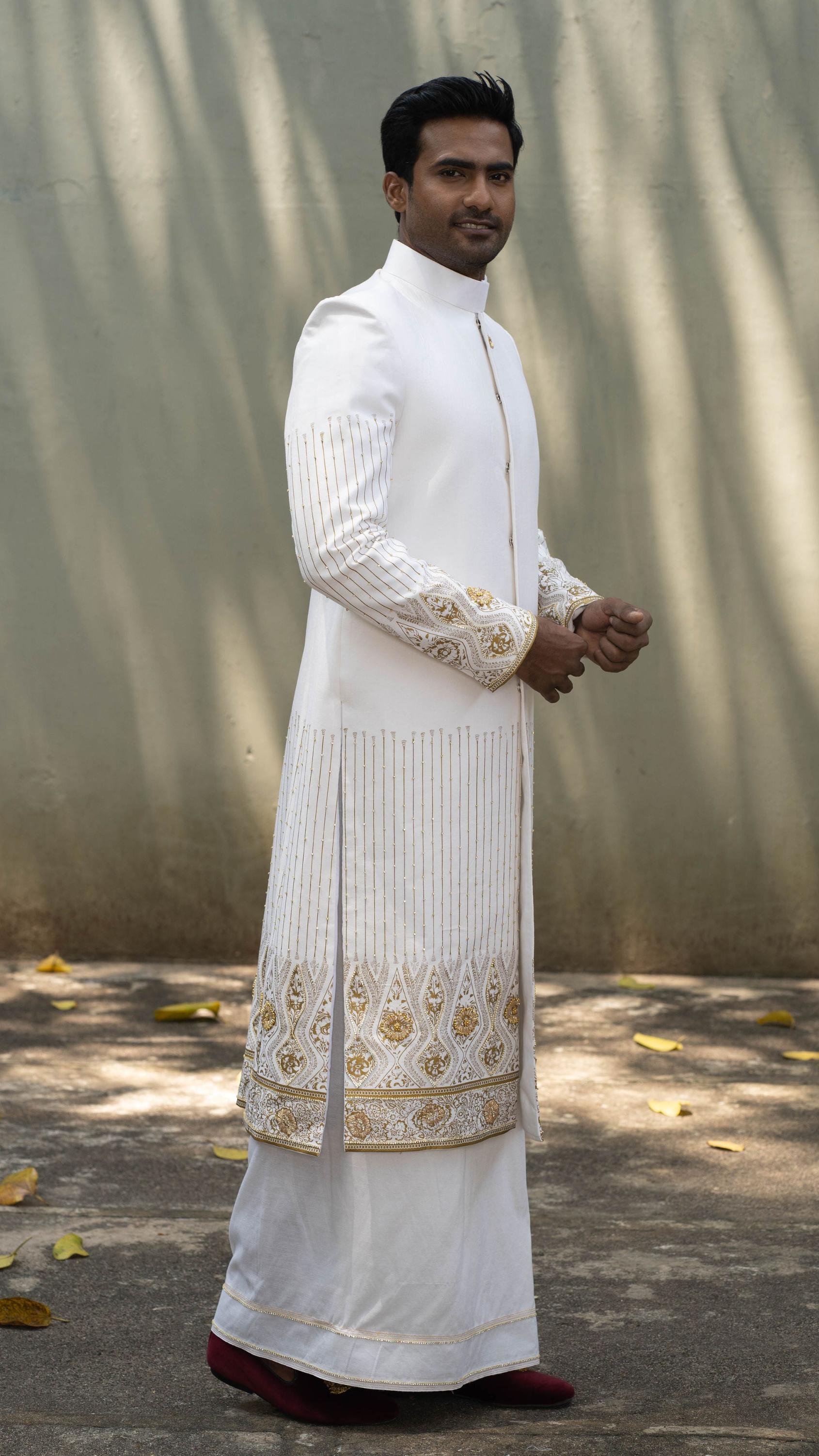 Printed Hand Embroidered Long Jacket with Hand Detailed Sarong