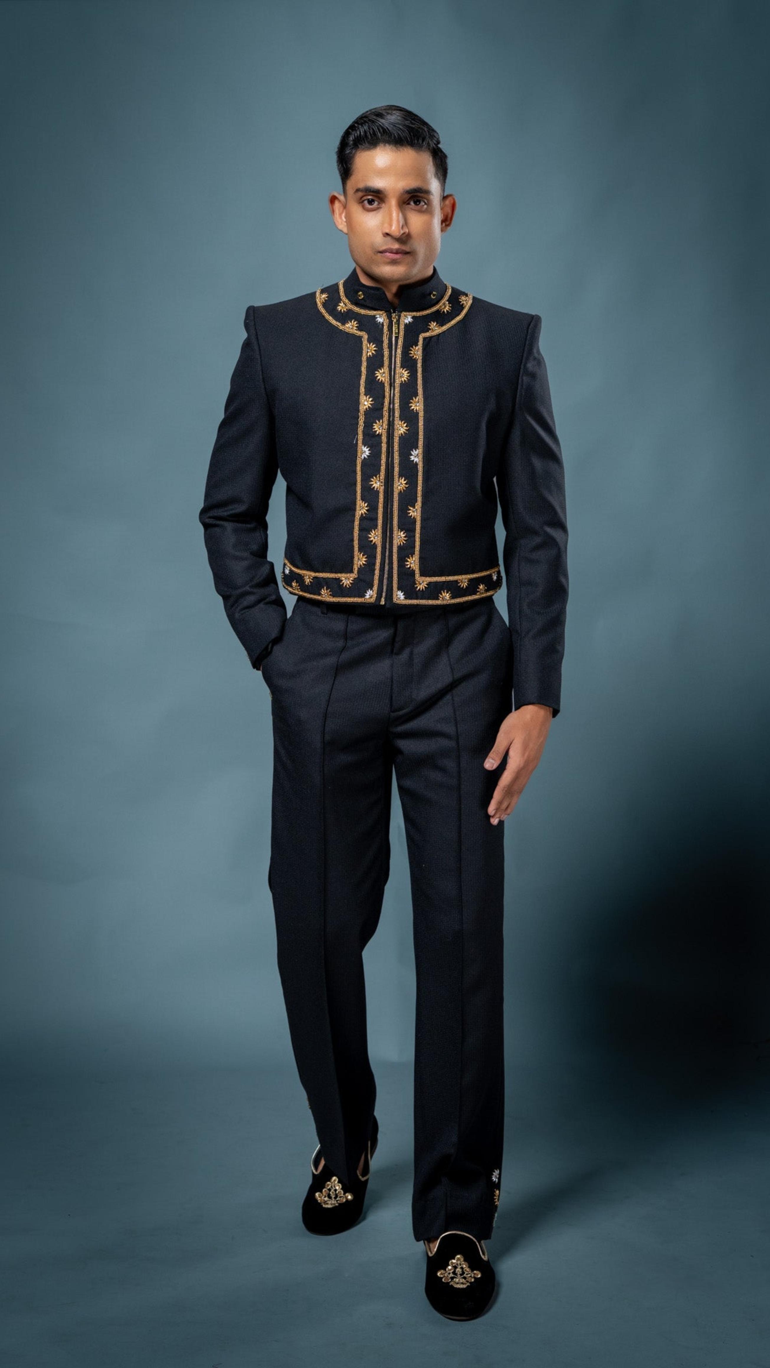 LOVI Hand Embroidered Black & Gold Short Nilame Jacket & Tux Pants