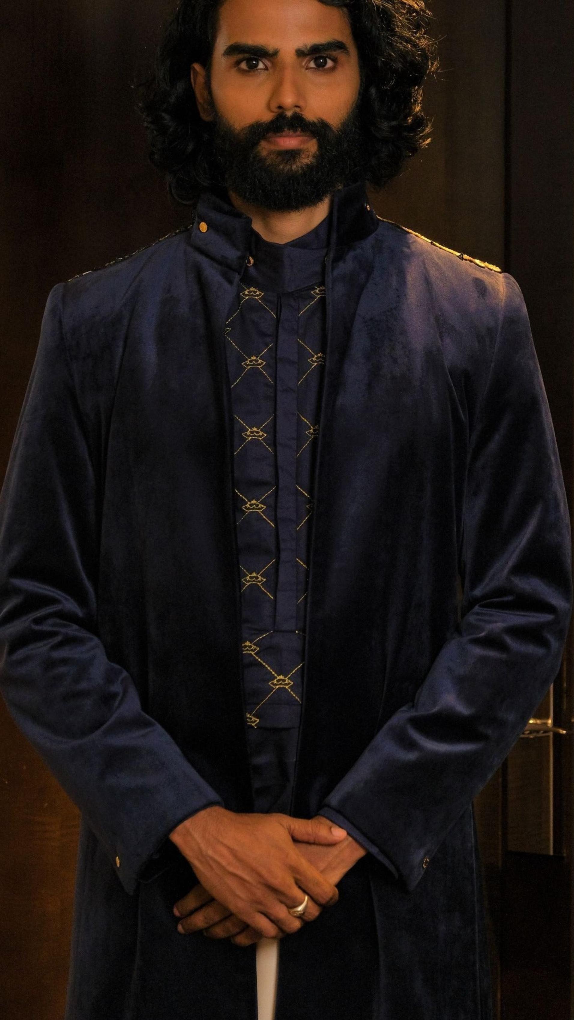 Navy Velvet Jacket with Crown Panel Shirt & Beige Silk Sarong