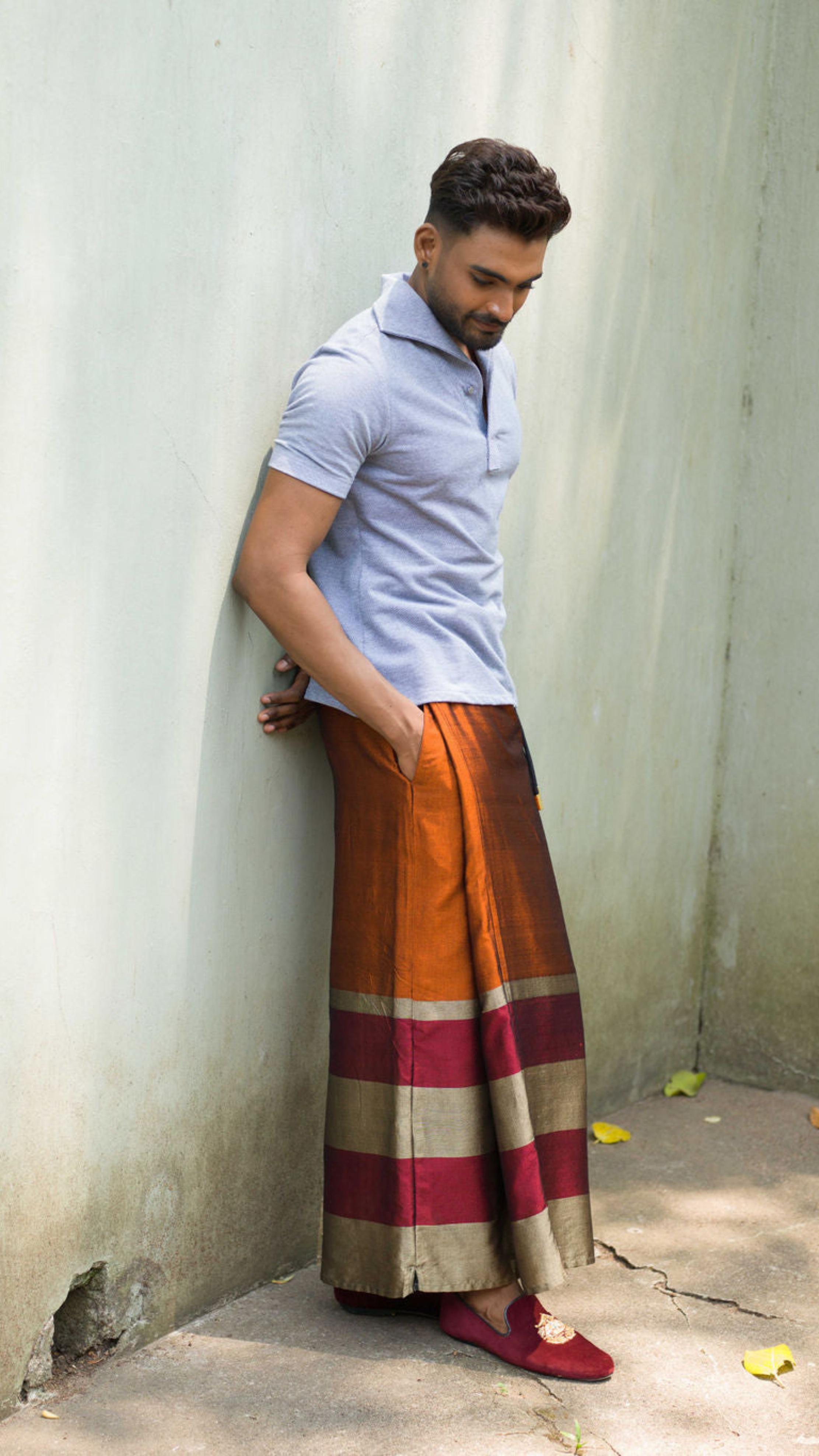 Rugby Sarong In Burnt Orange with Gold and Red Stripes