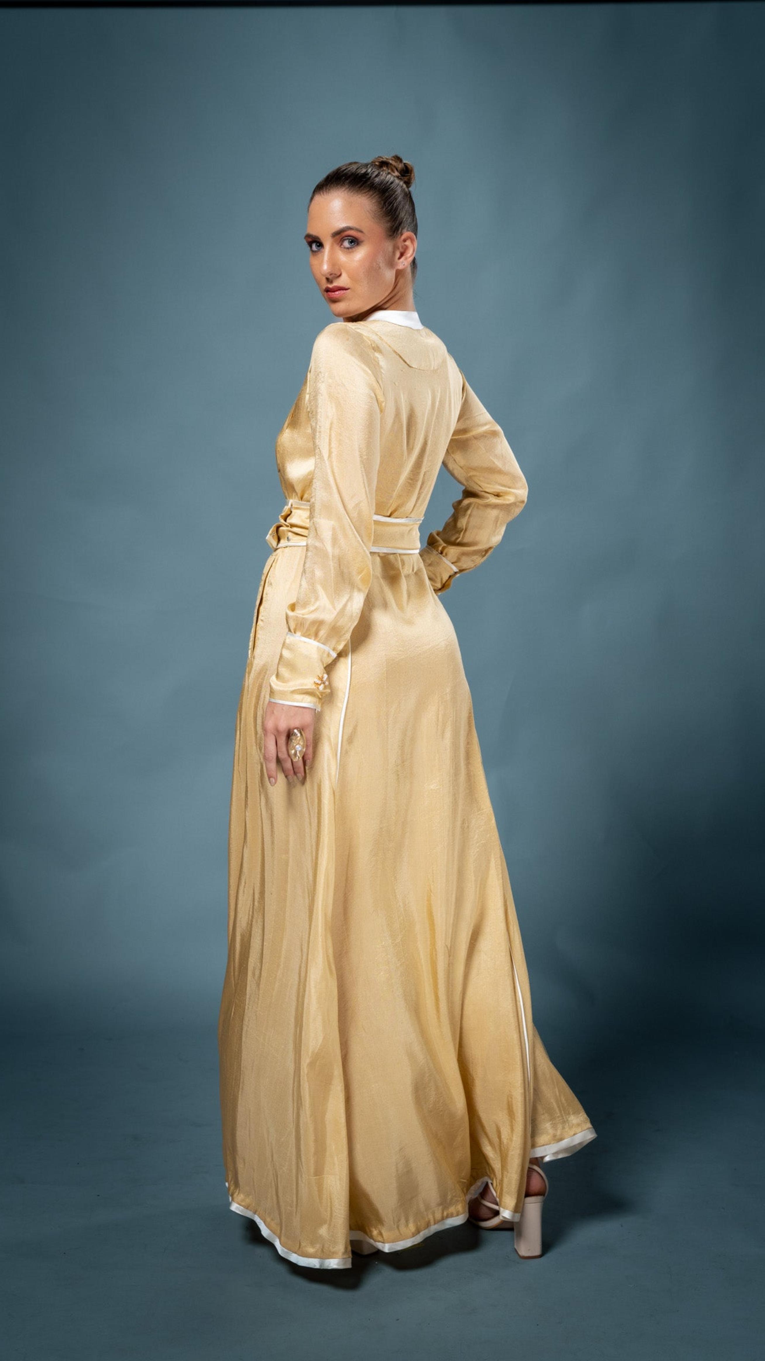 LOVI Gold Modern Kaftan Dress with White Piping Details