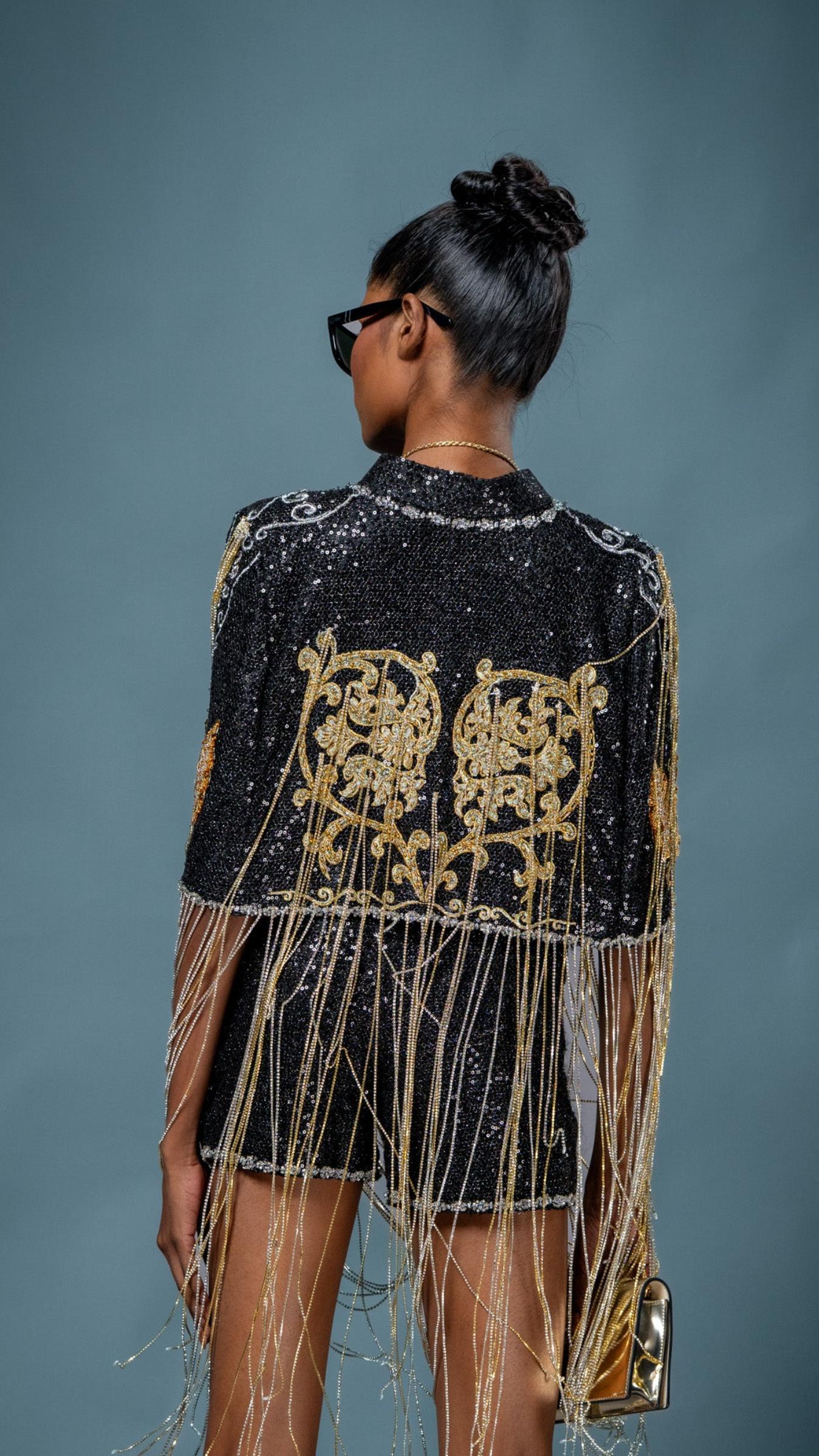 LOVI Black & Gold Modern Cape with Stones & Beads & Matching Pant