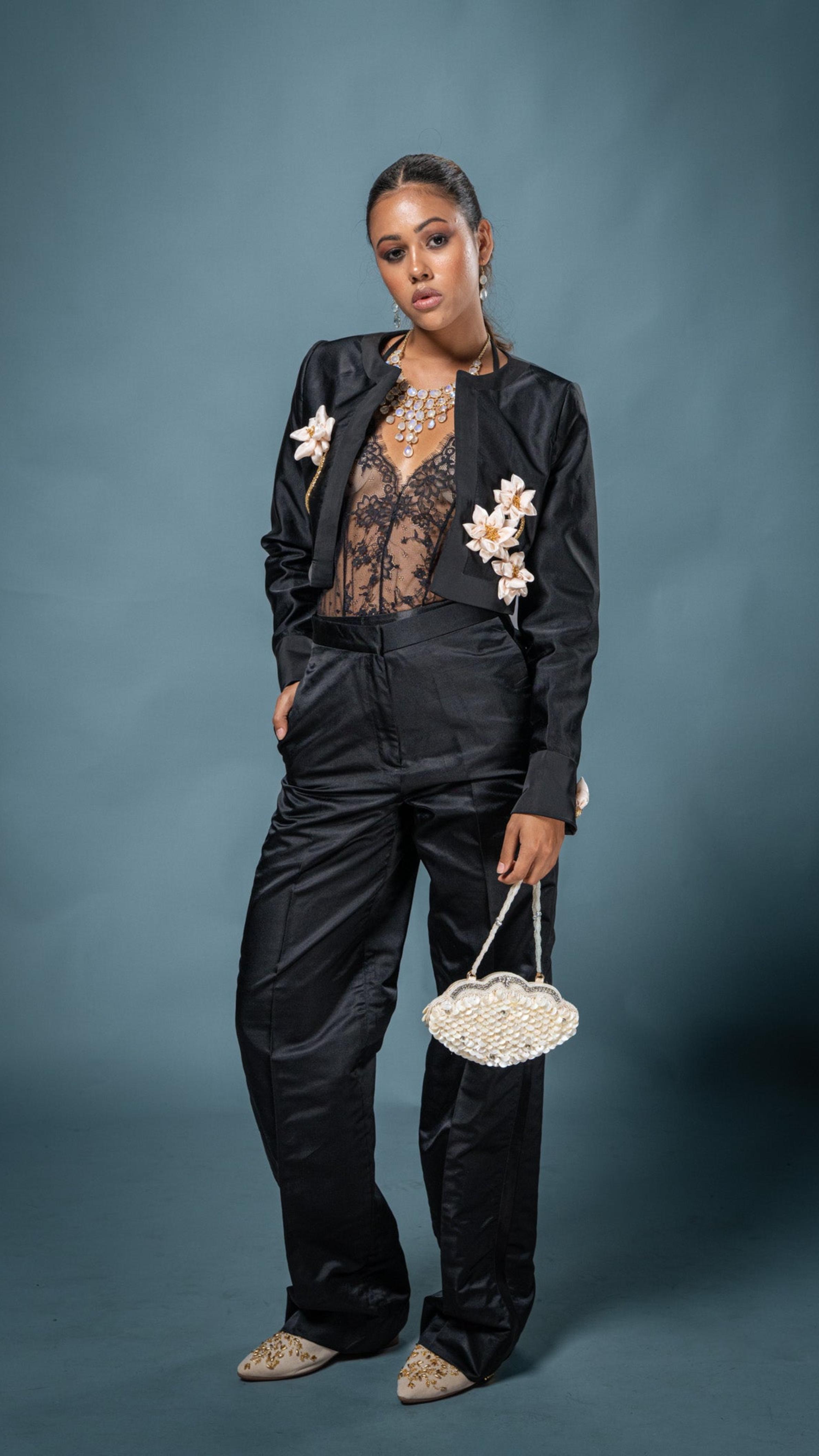 LOVI Black Short Manike Jacket with Handmade Lotus Flowers & Tux Pant