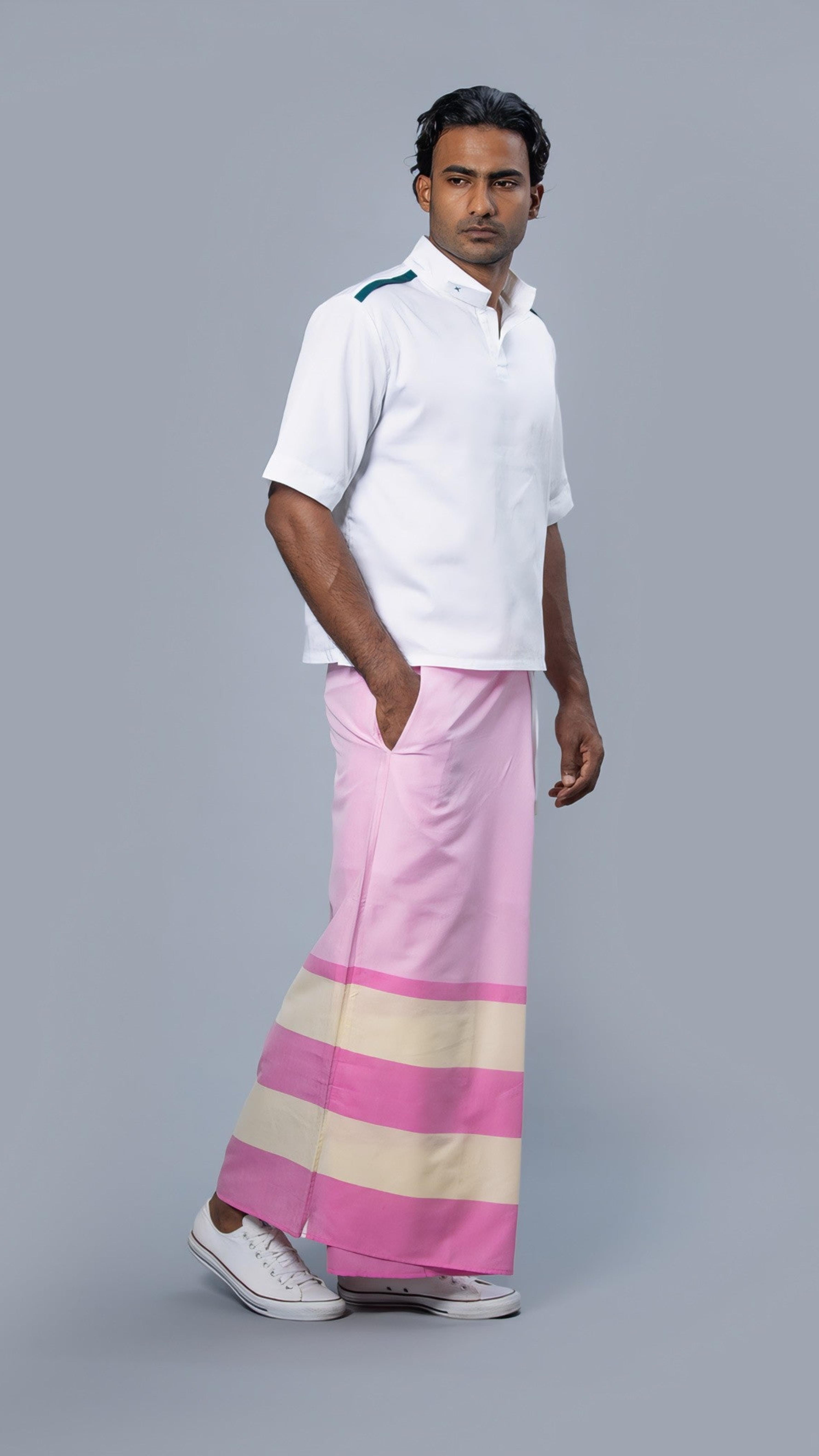 Rugby Sarong. Pastel Pink With Dark Pink & Pastel Yellow Stripes