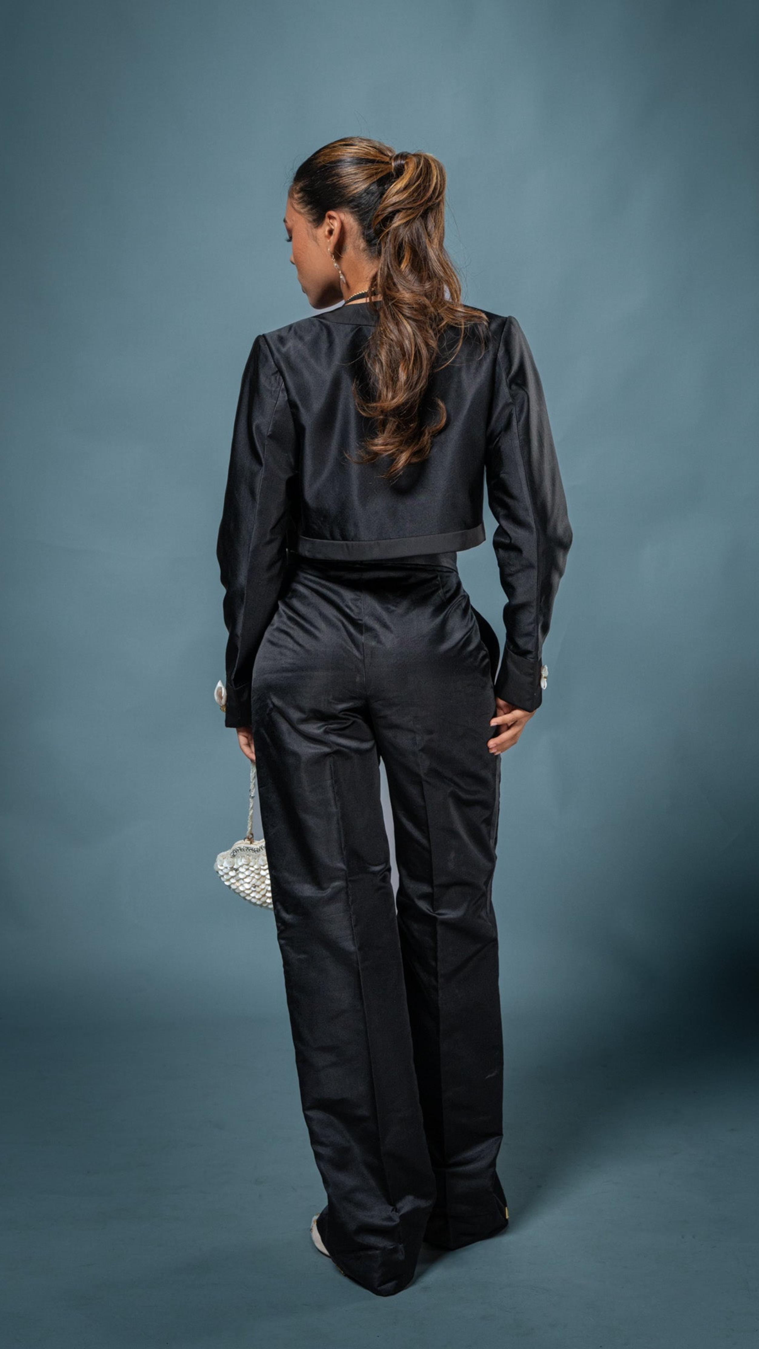 LOVI Black Short Manike Jacket with Handmade Lotus Flowers & Tux Pant