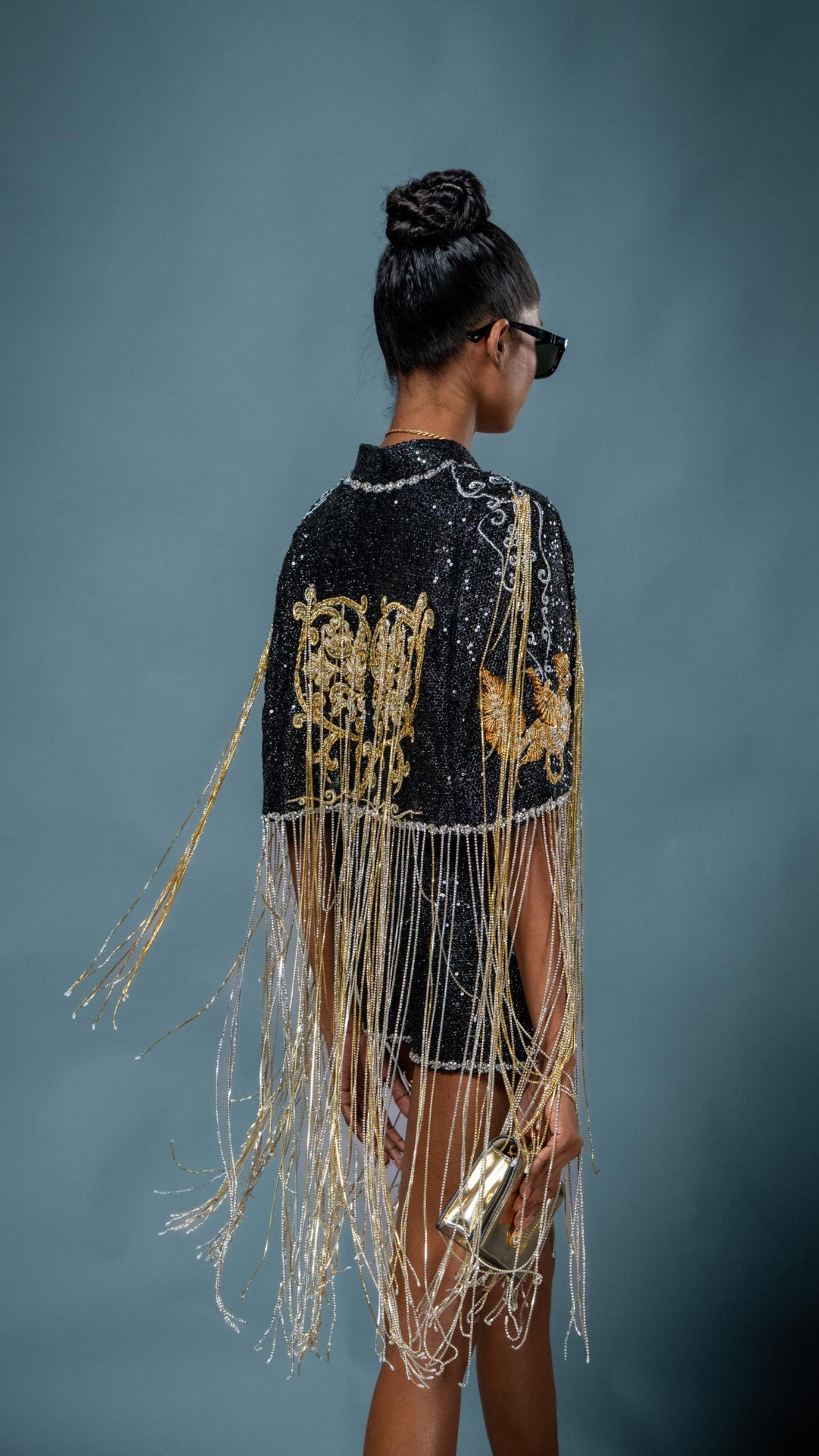 LOVI Black & Gold Modern Cape with Stones & Beads & Matching Pant