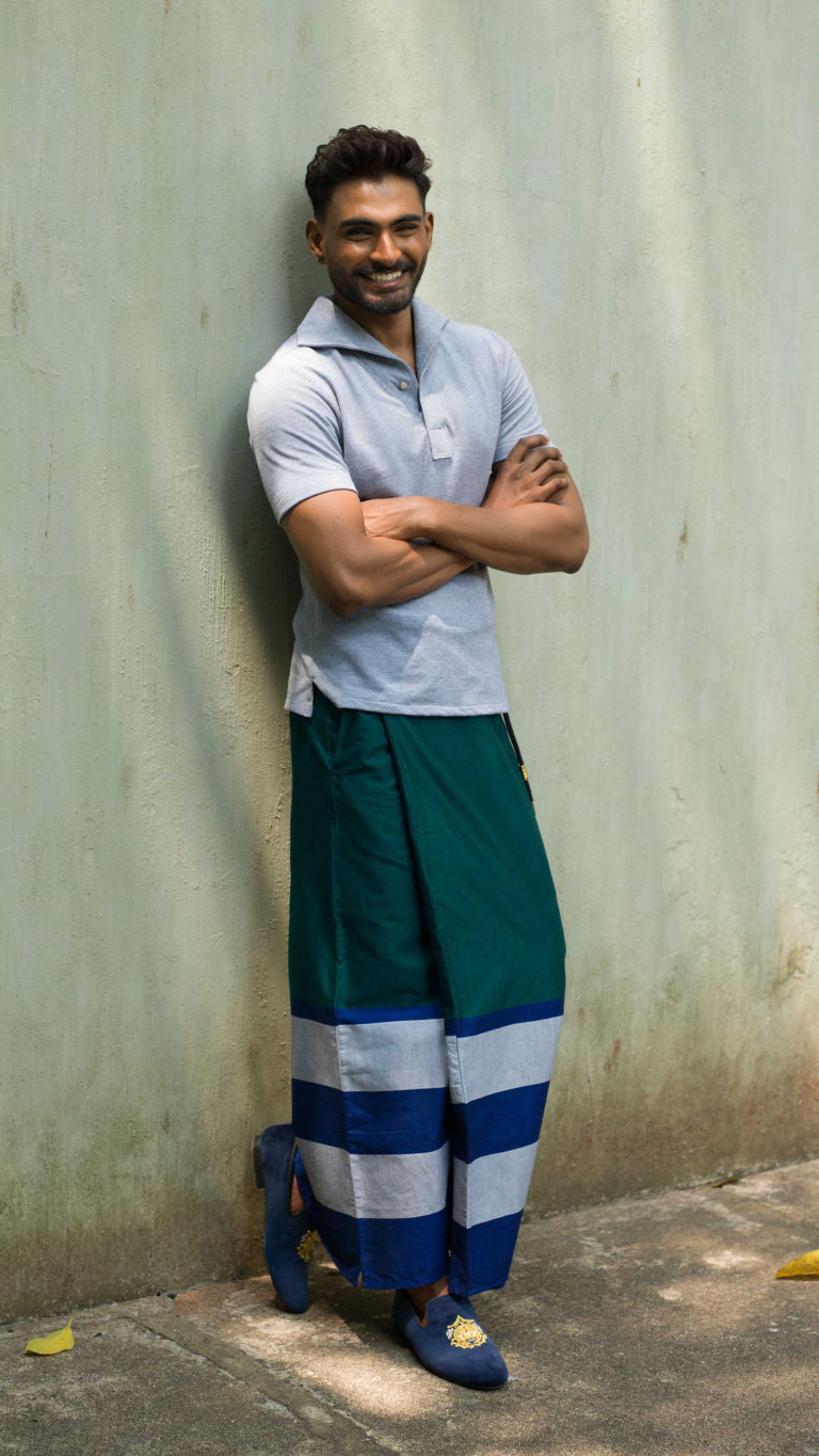 Rugby Sarong In Emerald with Navy Blue & Silver stripes