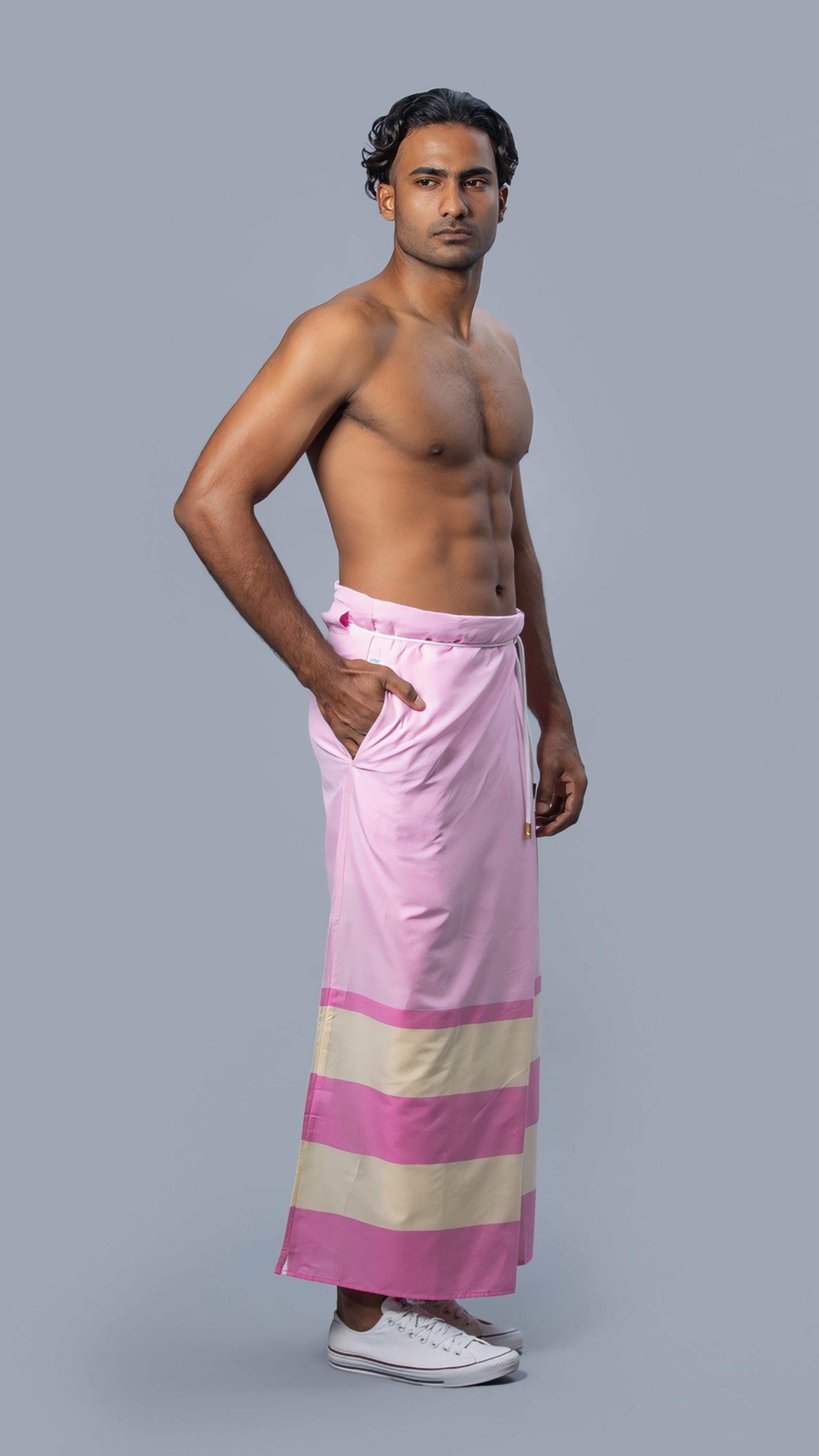 Rugby Sarong. Pastel Pink With Dark Pink & Pastel Yellow Stripes