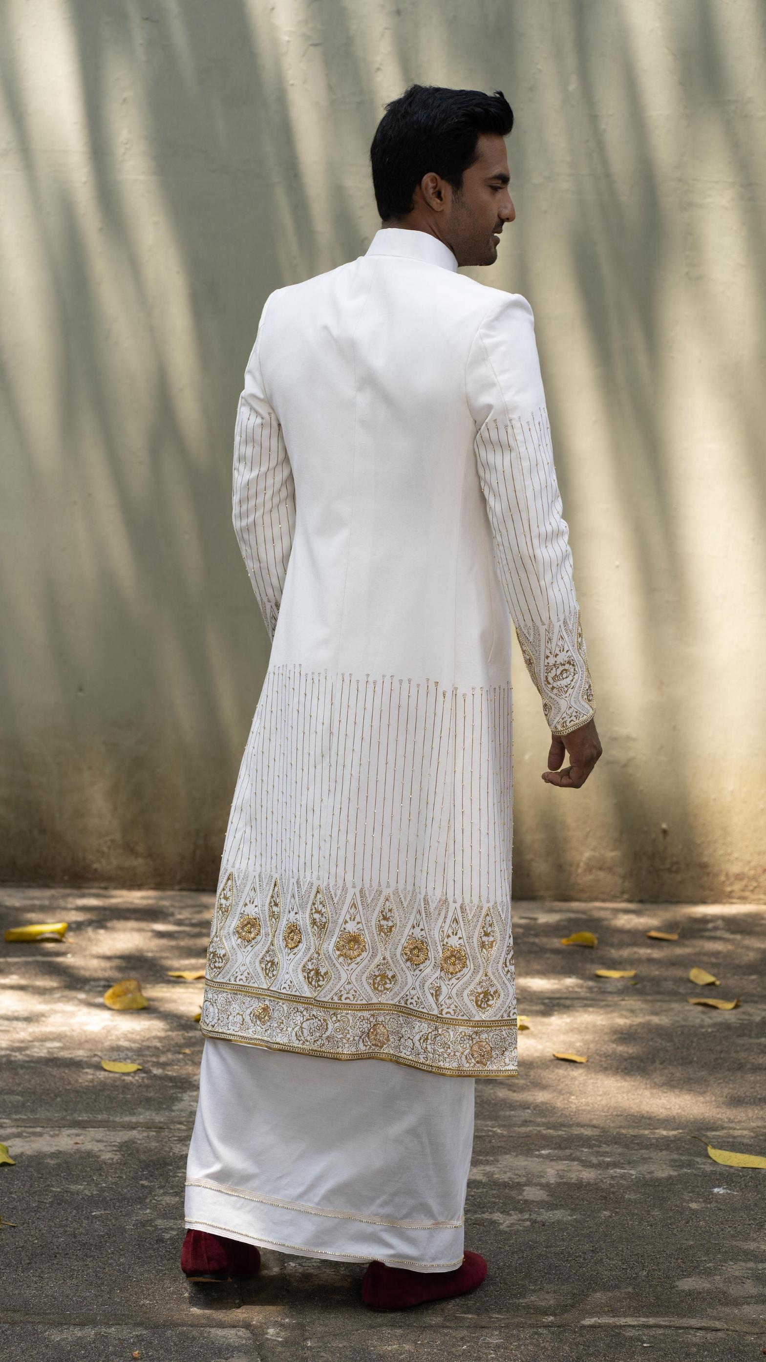 Printed Hand Embroidered Long Jacket with Hand Detailed Sarong