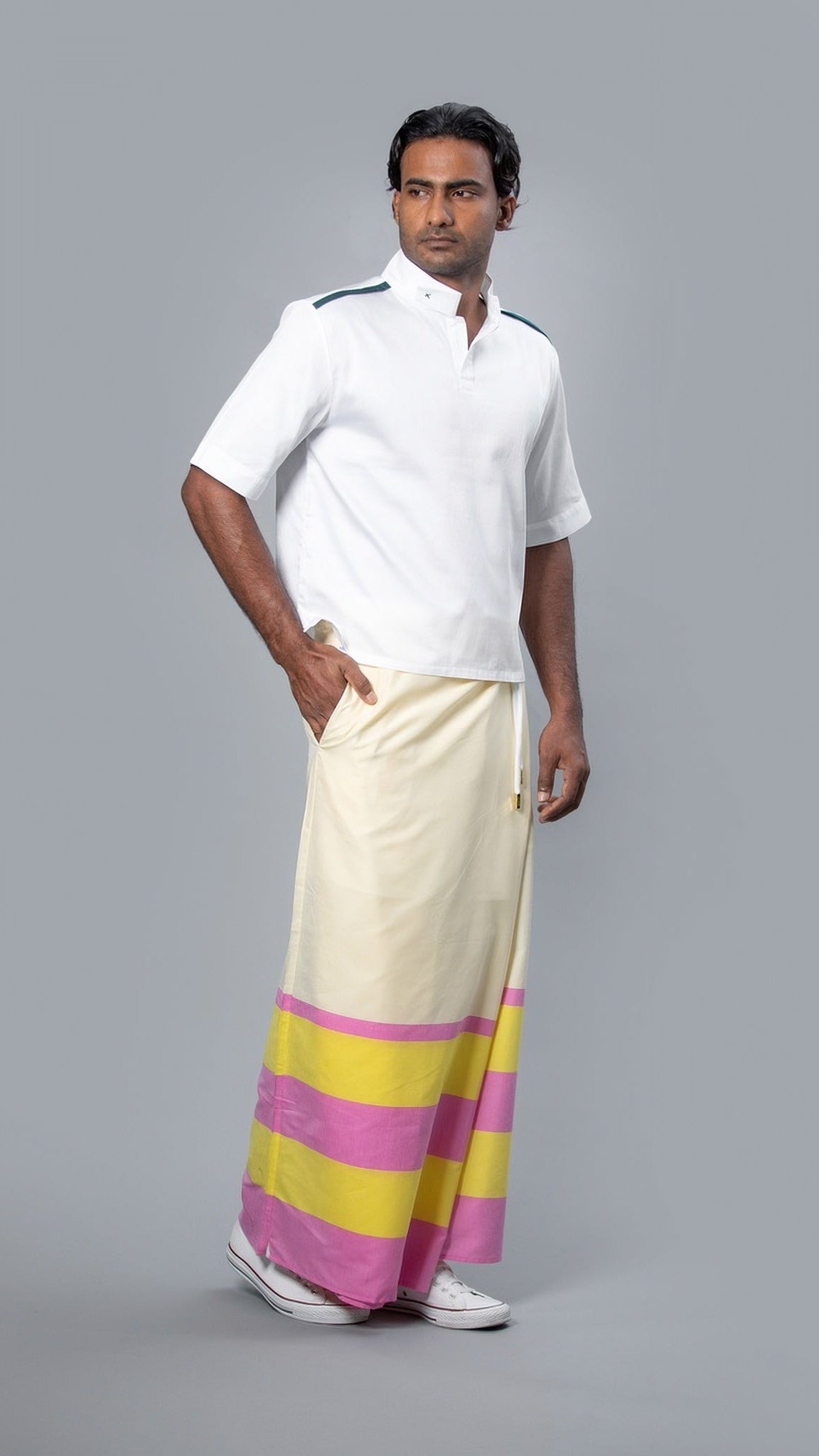 Rugby Sarong. Pastel Yellow With Dark Pink & Dark Yellow Stripes