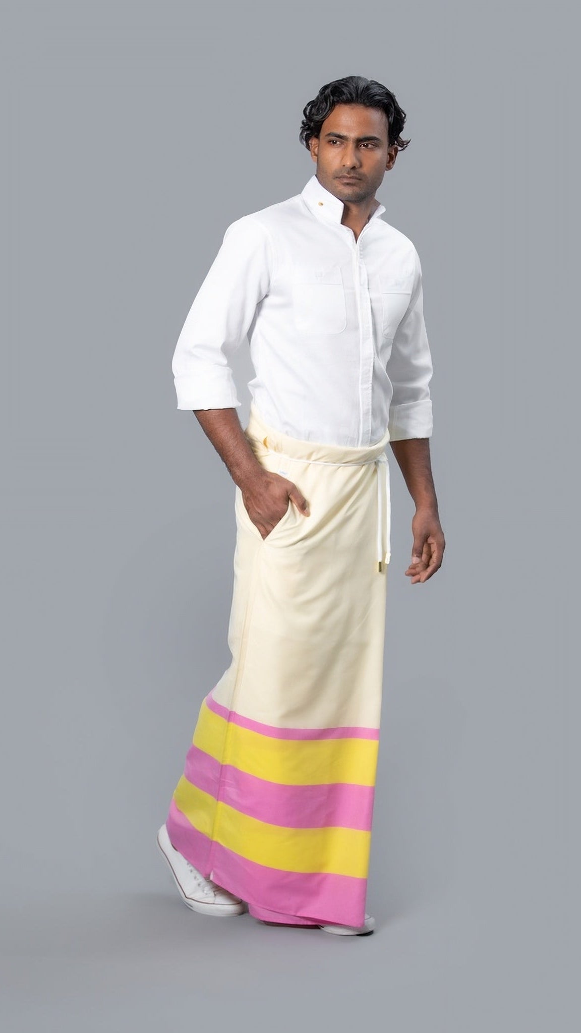 Rugby Sarong. Pastel Yellow With Dark Pink & Dark Yellow Stripes