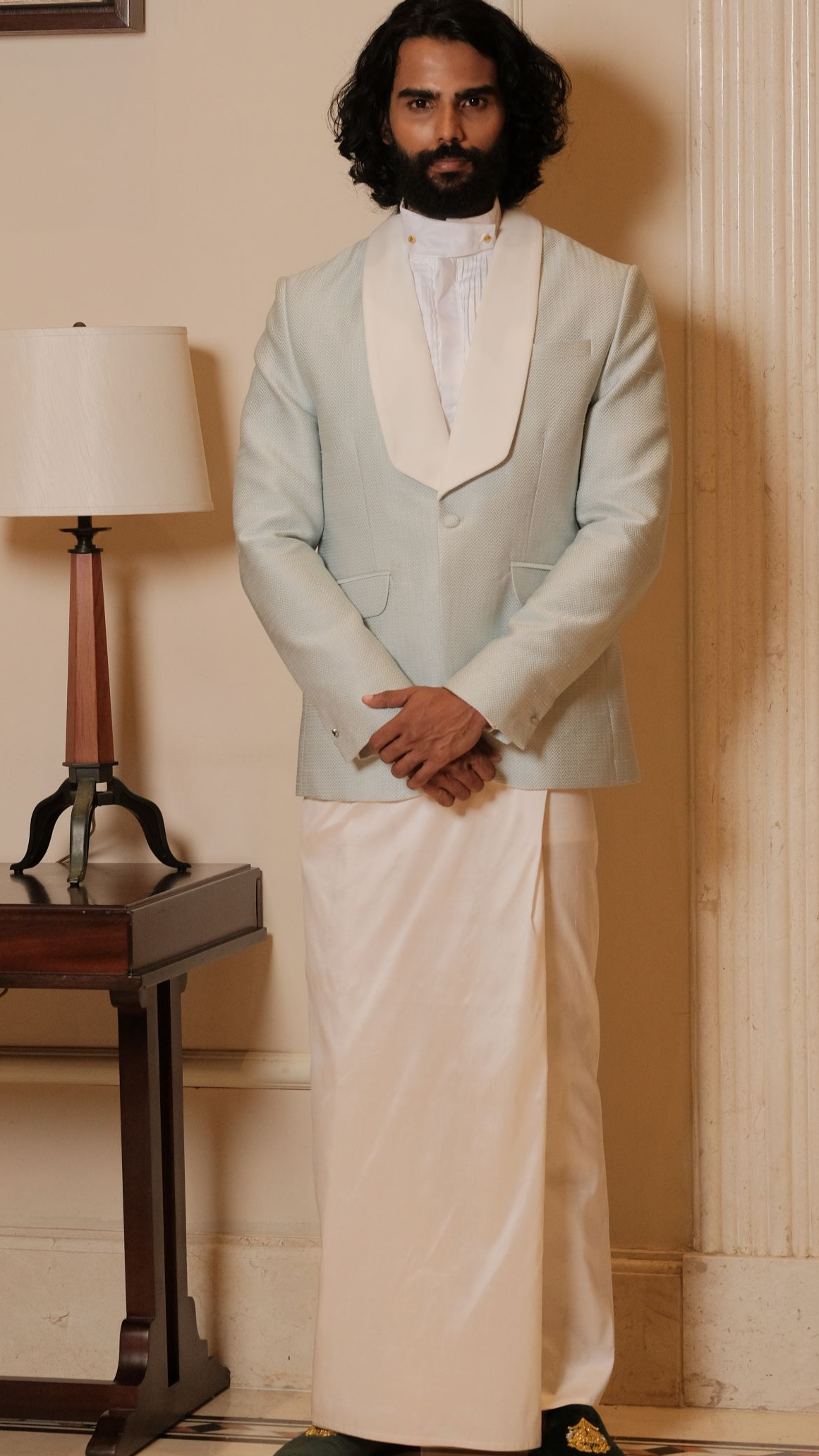 Mint Green Tuxedo Jacket x Off-White Silk Sarong