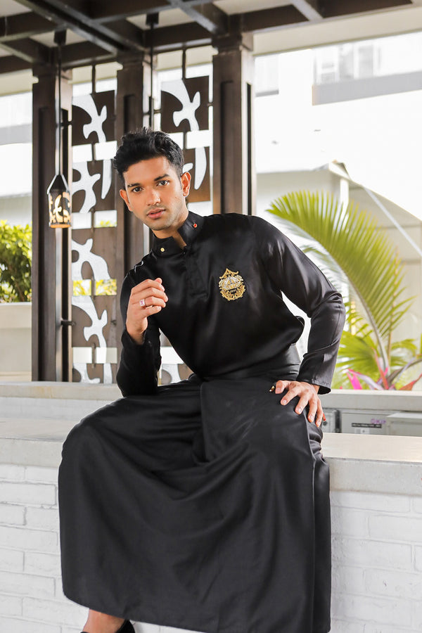 Crest Silk Shirt and Sarong in Black
