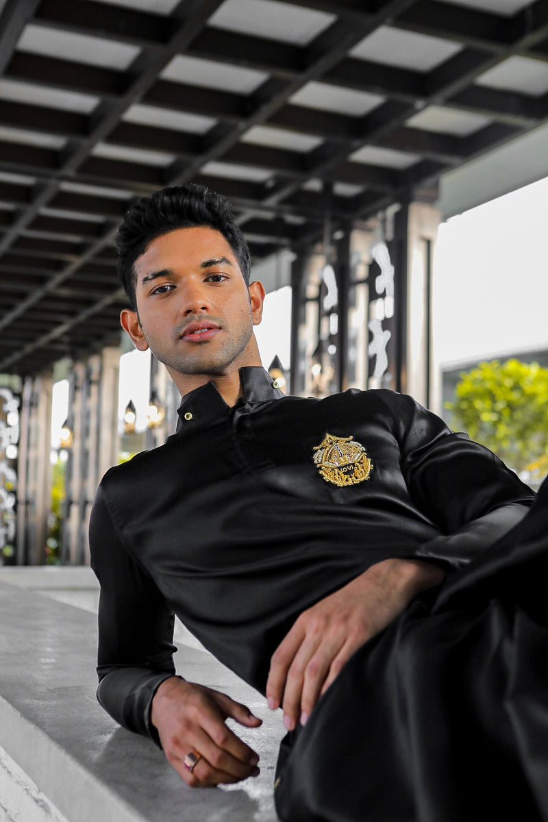 Crest Silk Shirt and Sarong in Black