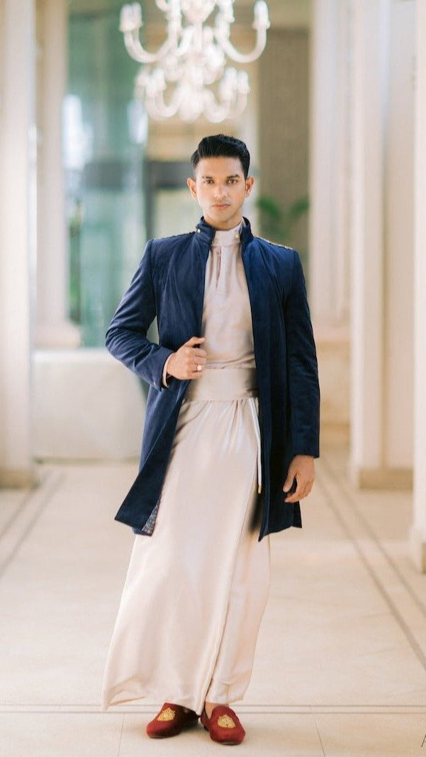 Beige Sri Lankan National x Navy Velvet Jacket