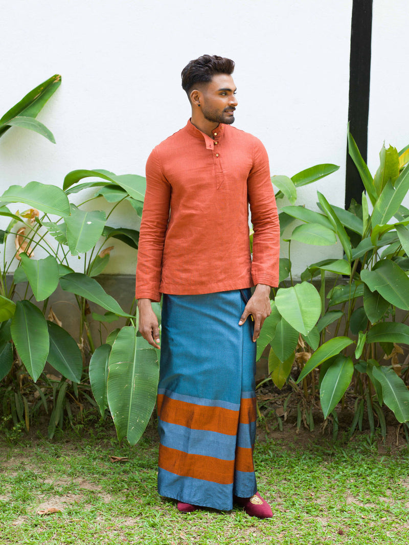 Rugby Sarong. Rayon Aqua blue with Burnt Orange and Sea Blue lines