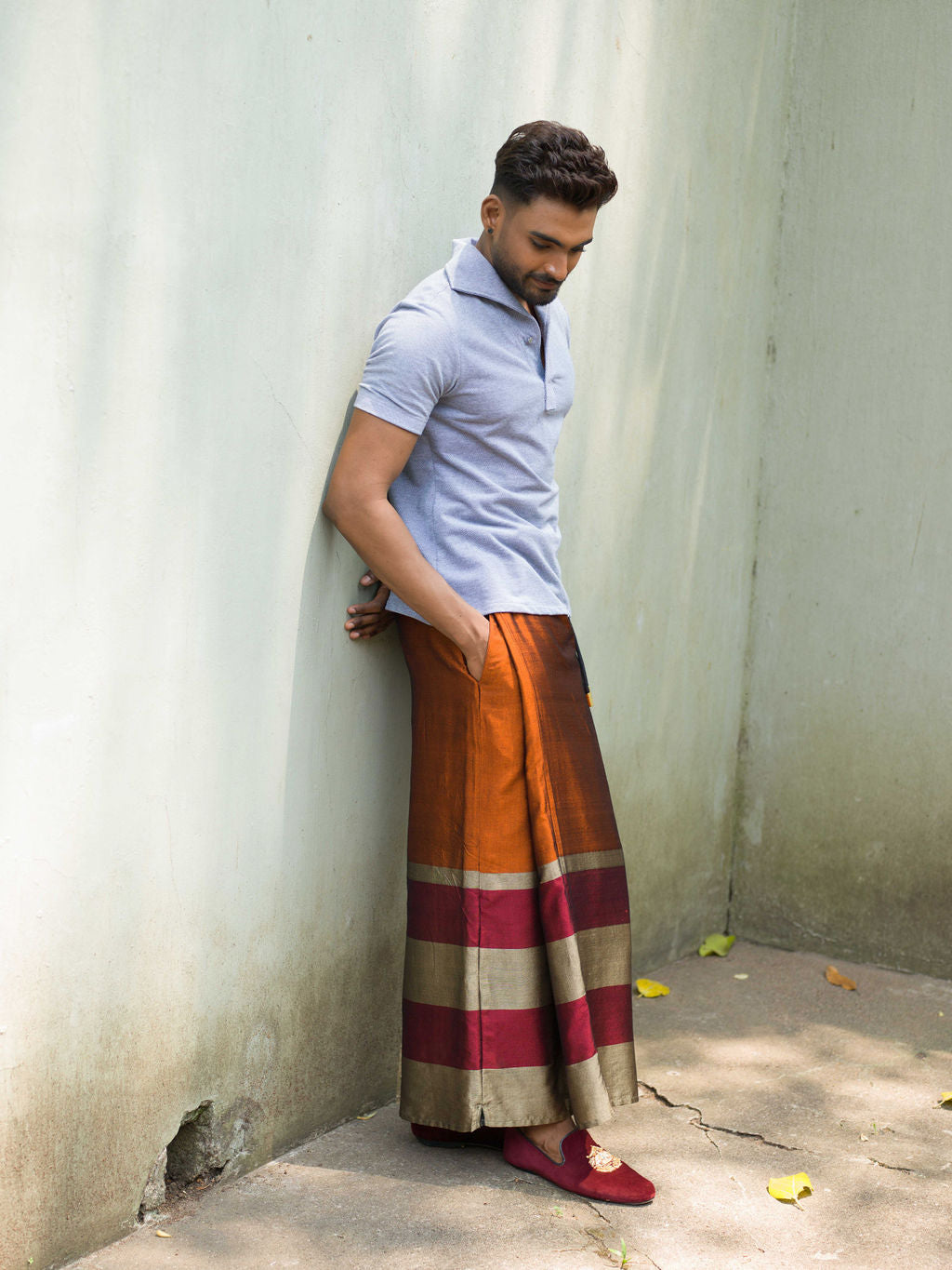 Rugby Sarong Rayon In Burnt Orange with Gold and Red lines