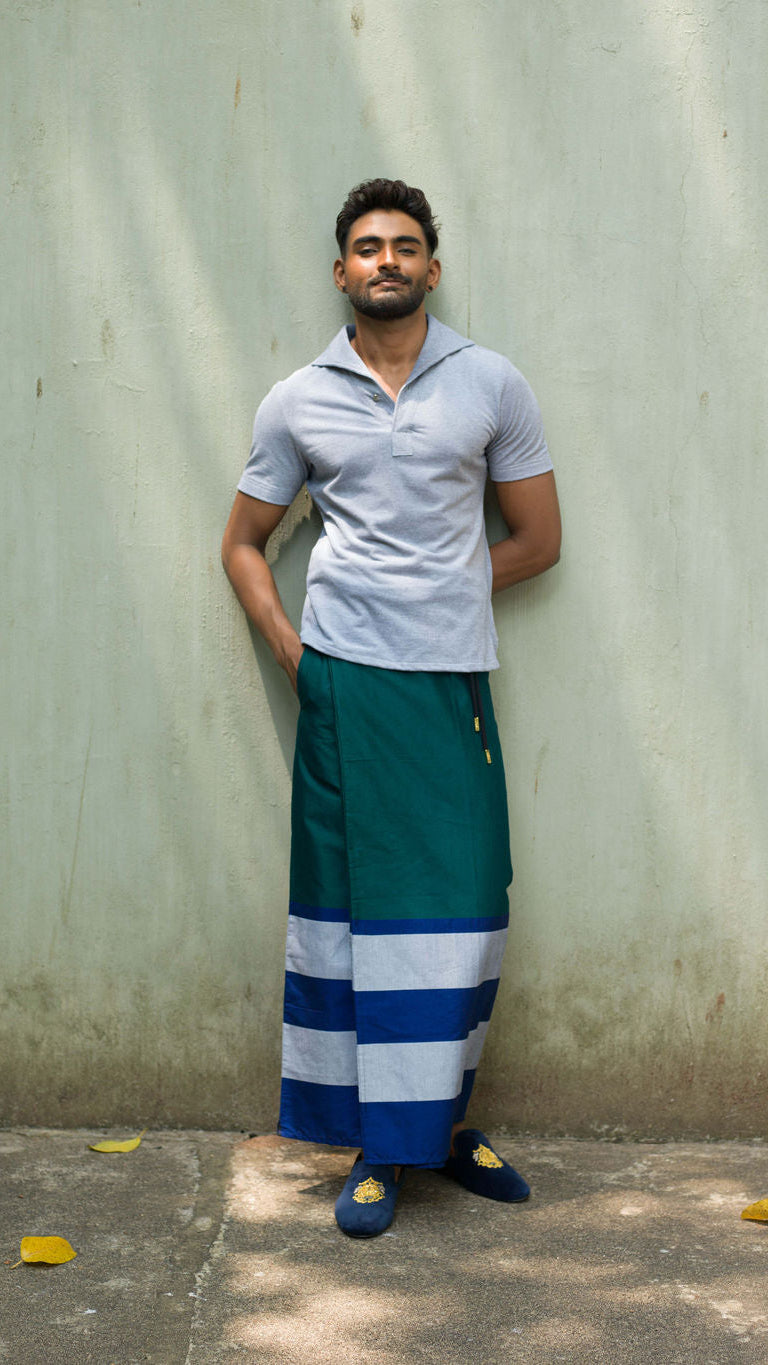 Rugby Sarong In Emerald with Navy Blue & Silver stripes