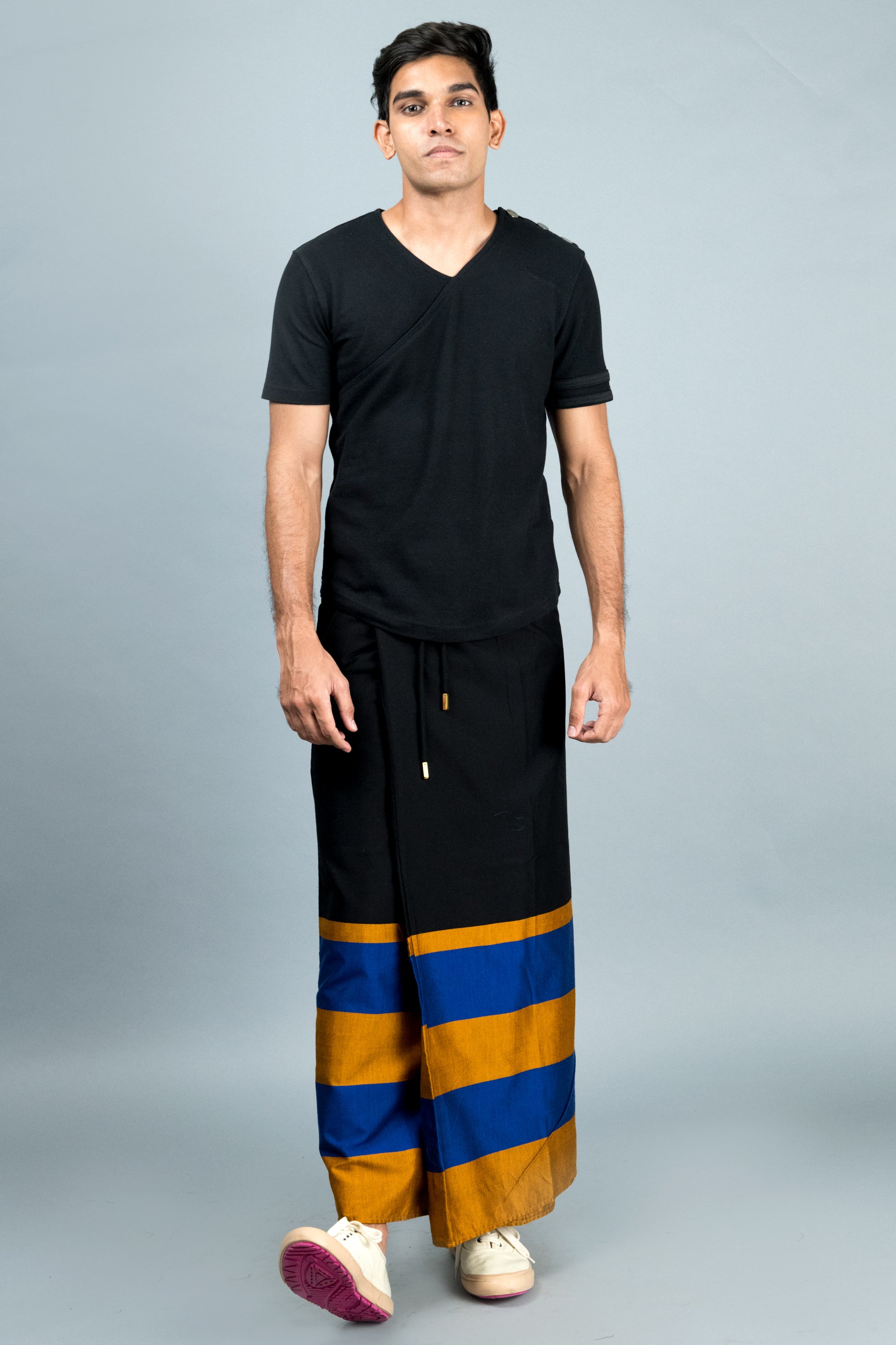 Rugby Sarong. Black With Blue & Gold Stripes