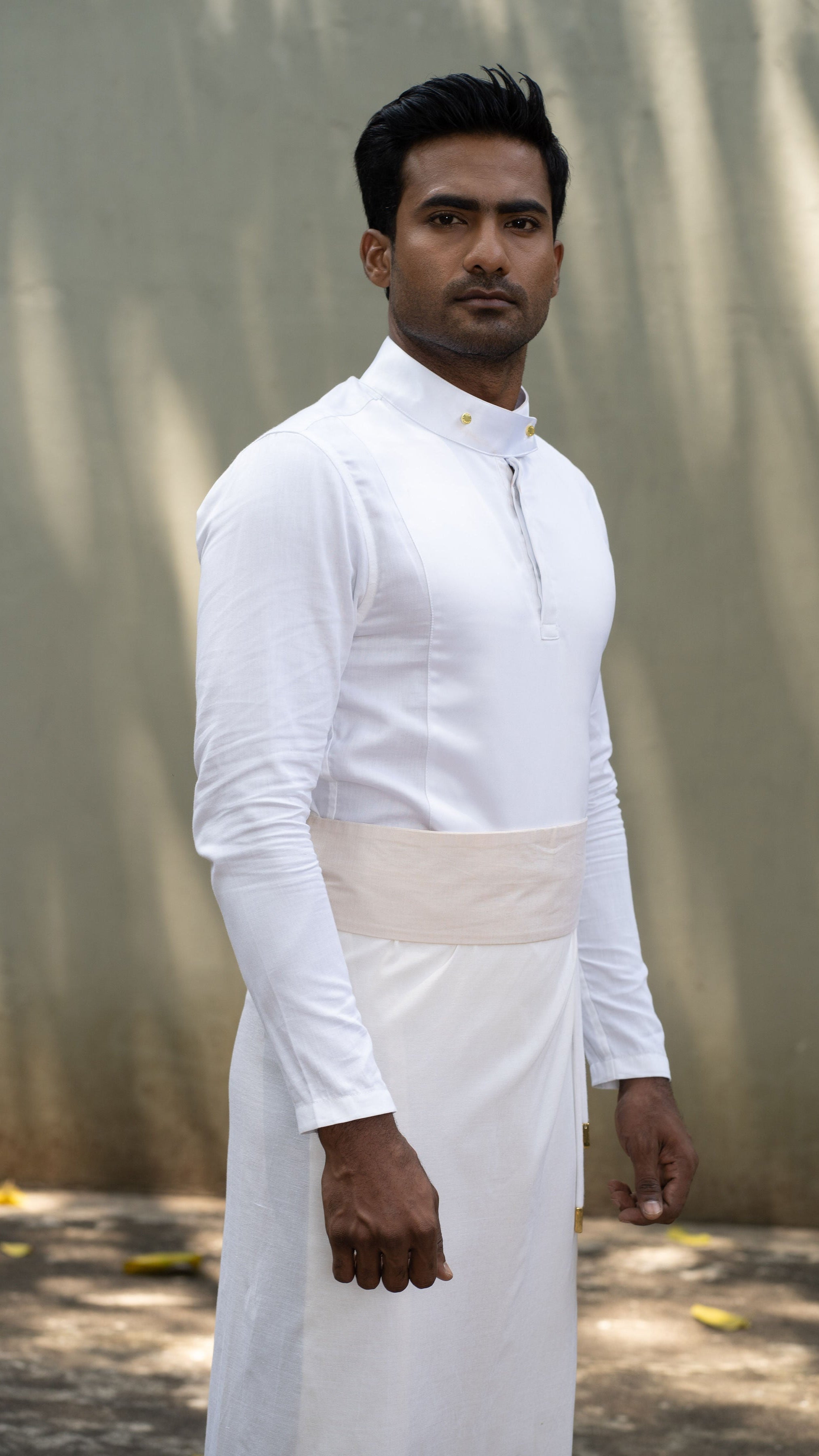 Cotton Tuxedo Sarong with Gold Hand Embroidery Lines