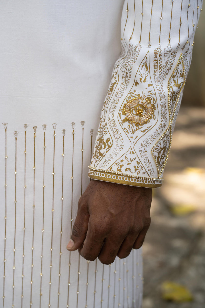 Printed Hand Embroidered Long Jacket with Hand Detailed Sarong